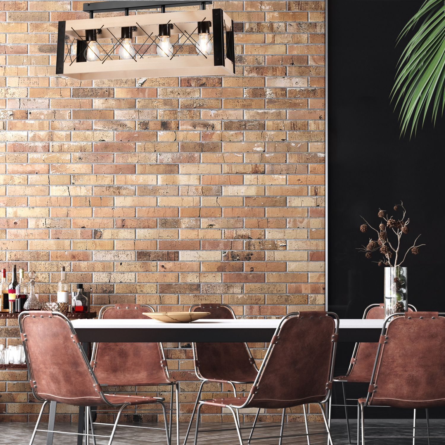 Deckenlampe Holz Metall Rustikal 63 cm lang Schwarz Natur Innenarchitektur, Esszimmer, Esstisch, Backstein, Mauer