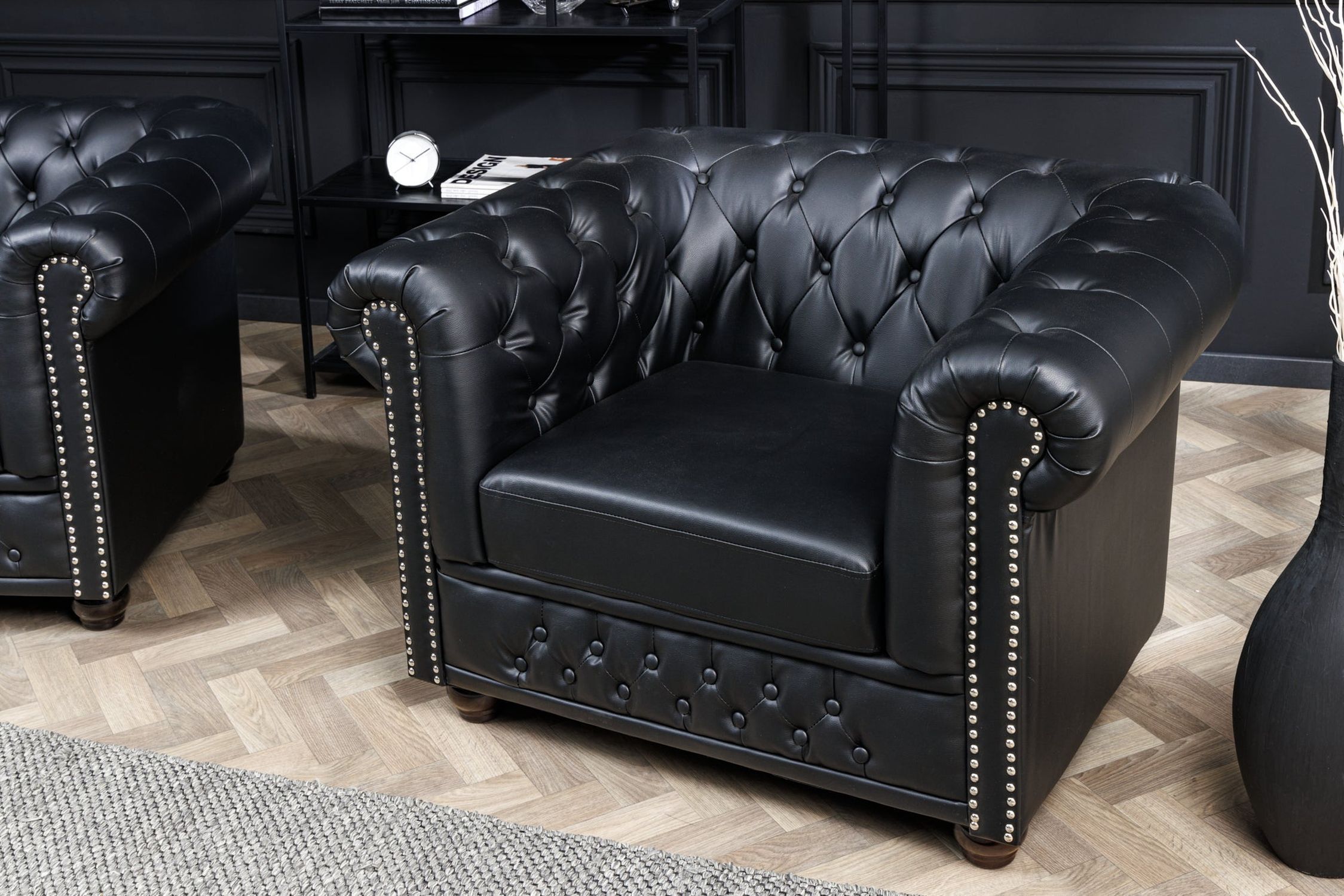 Sessel Kunstleder Schwarz Braun B: 110 cm Chesterfield Moebel, Stuhl, Sessel, Couch