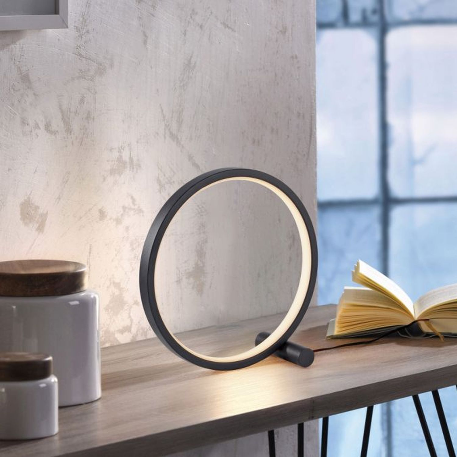 LED Tischlampe Schwarz Metall Ring H:25,5 cm 1290 lm