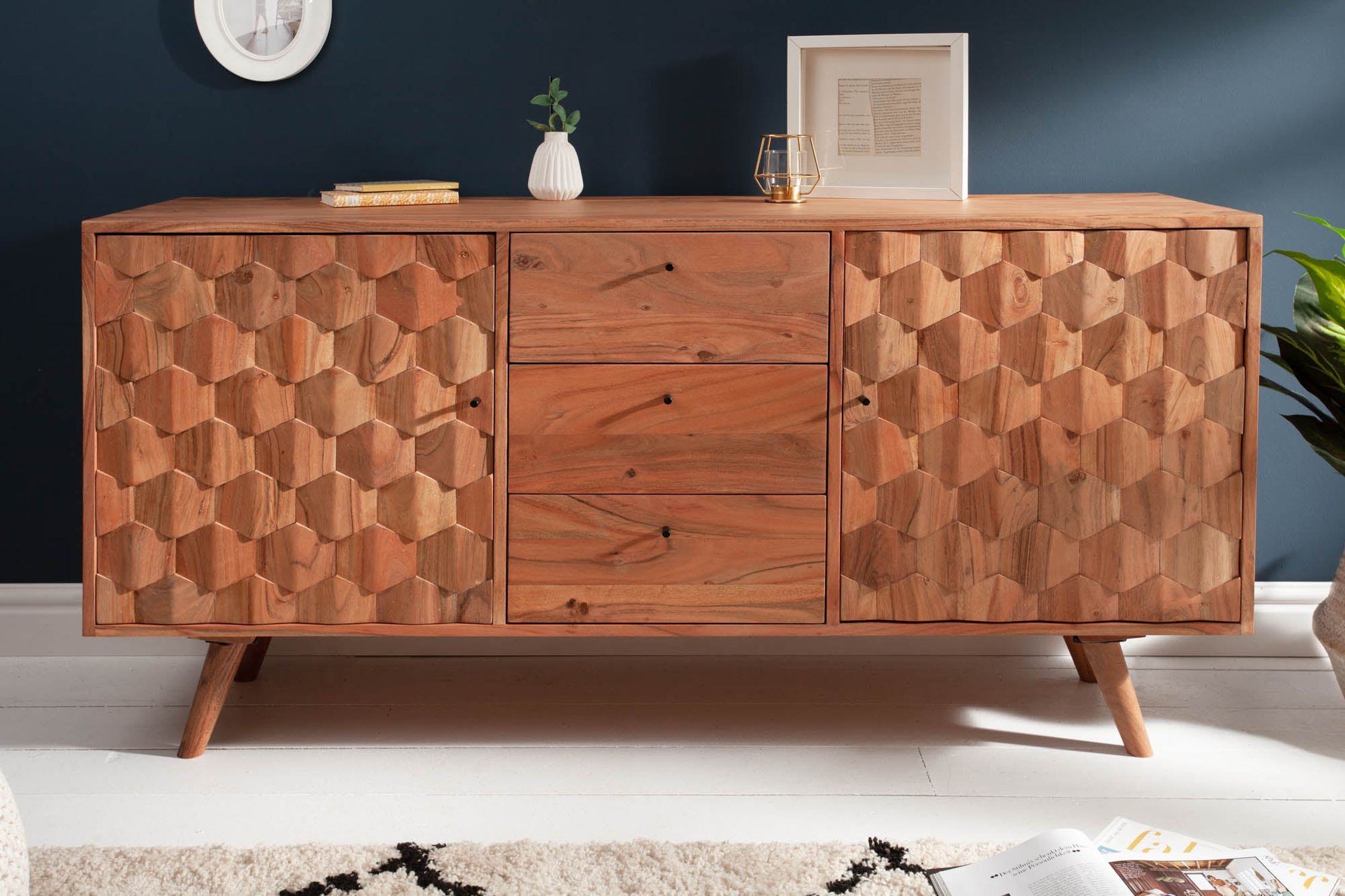 Sideboard Akazie 145 x 75cm 3D-Fronten Retro Schubladen Türen