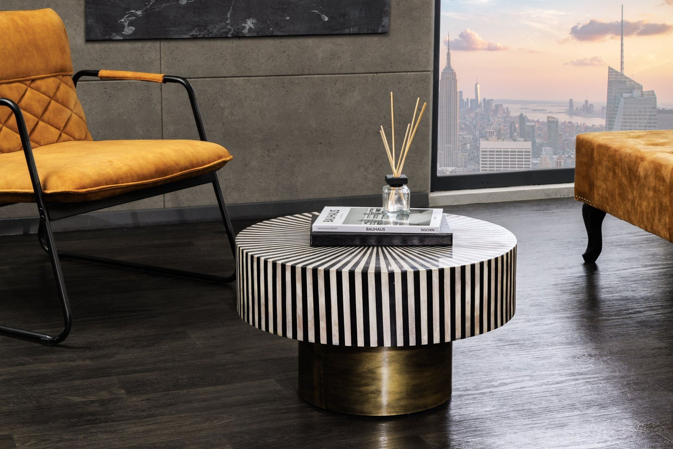 Couchtisch Intarsien in Schwarz Gold Weiß Ø 60 cm Handarbeit Kaffeetisch, Mobiliar, Tabelle, Tischplatte, Stuhl