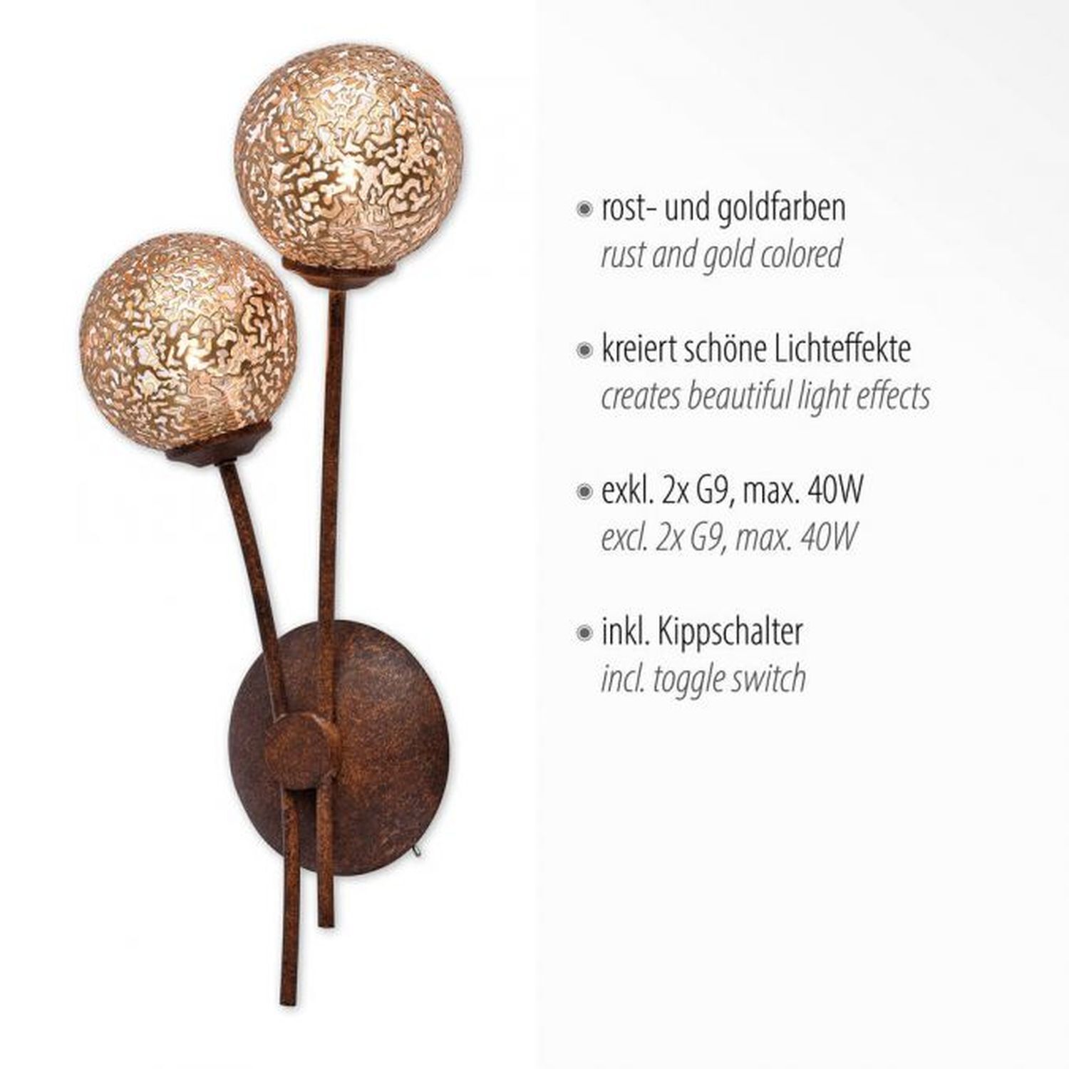 Wandleuchte Rustikal Rostbraun Gold H:44 cm G9 2-flmg Lampe