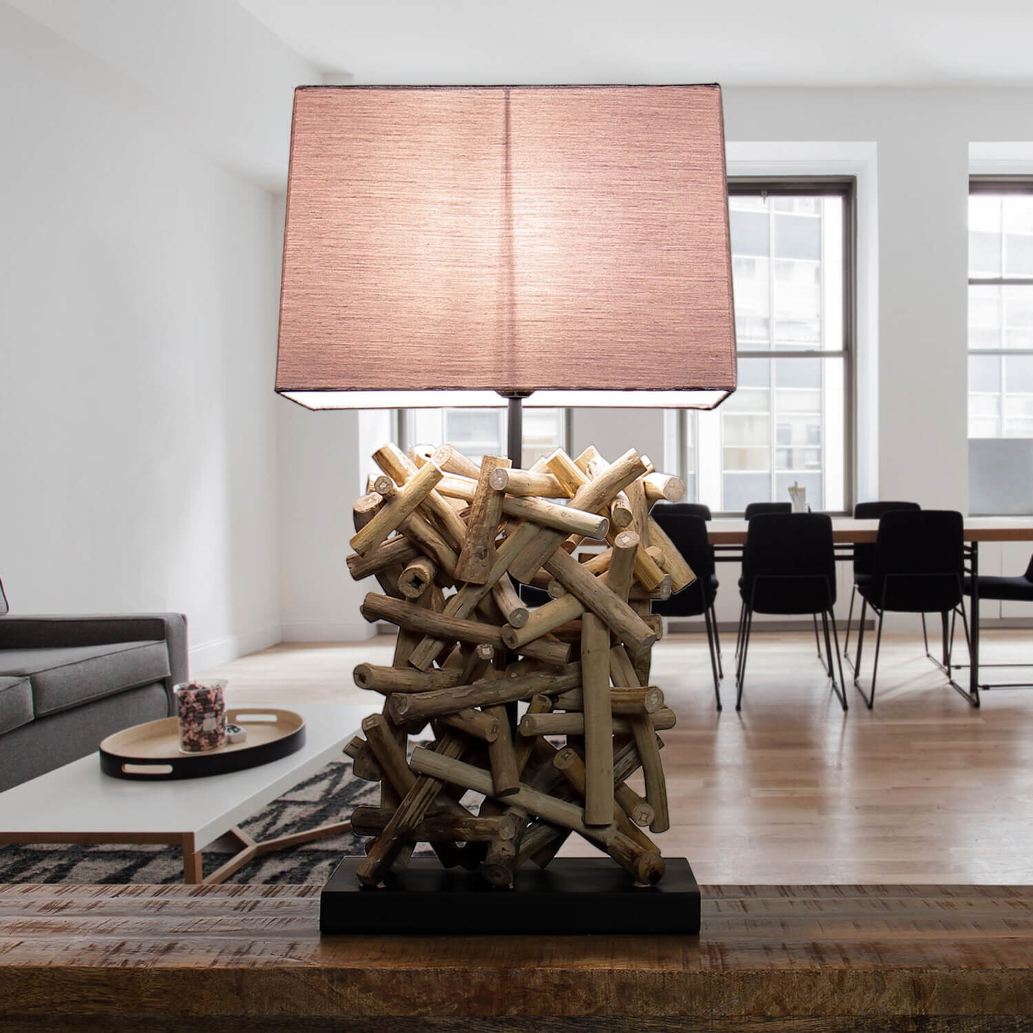 Design Tischleuchte Treibholz Stoff dekorativ Wohnzimmer Lampe, Holz