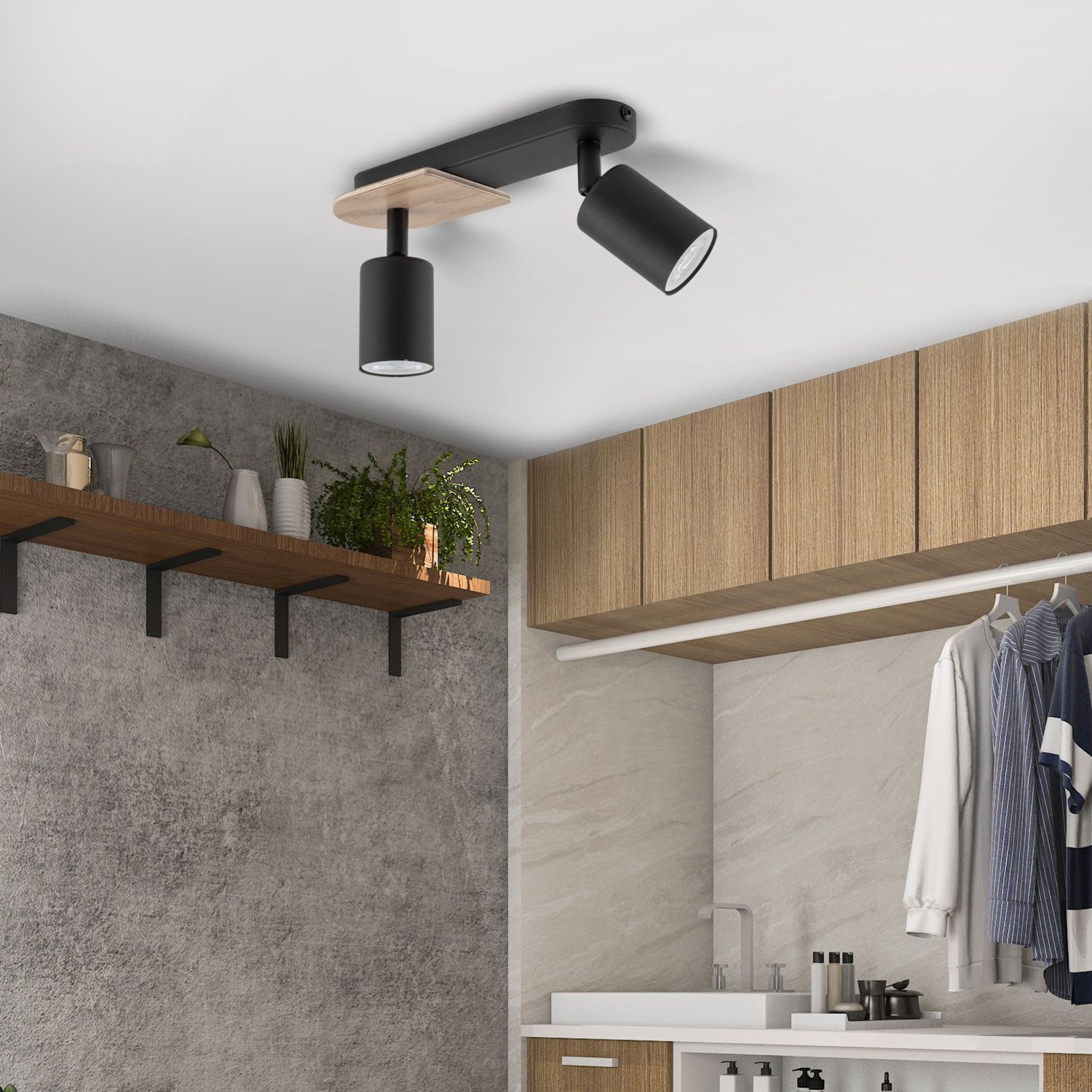 Deckenstrahler 2-flammig Metall Holz Schwarz Natur 35 cm