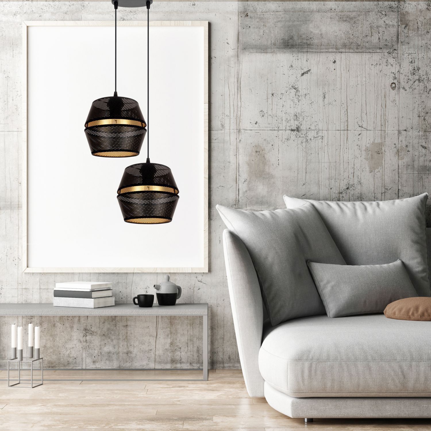 Pendelleuchte Schwarz Gold Metall 2-flammig B:40 cm E27
