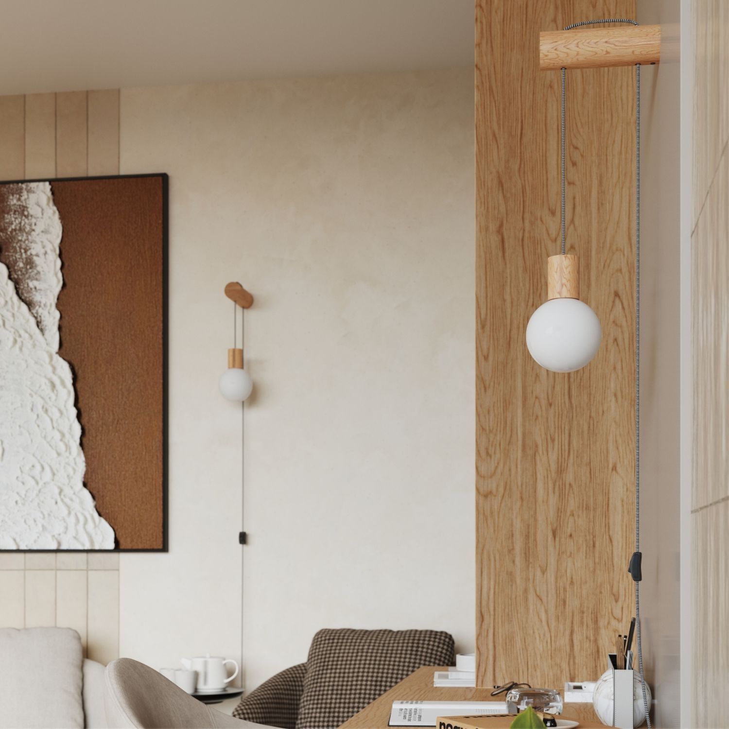 pendant light, hängende lampe, Holzfassung, Glühbirne Kugel, moderner Dekor