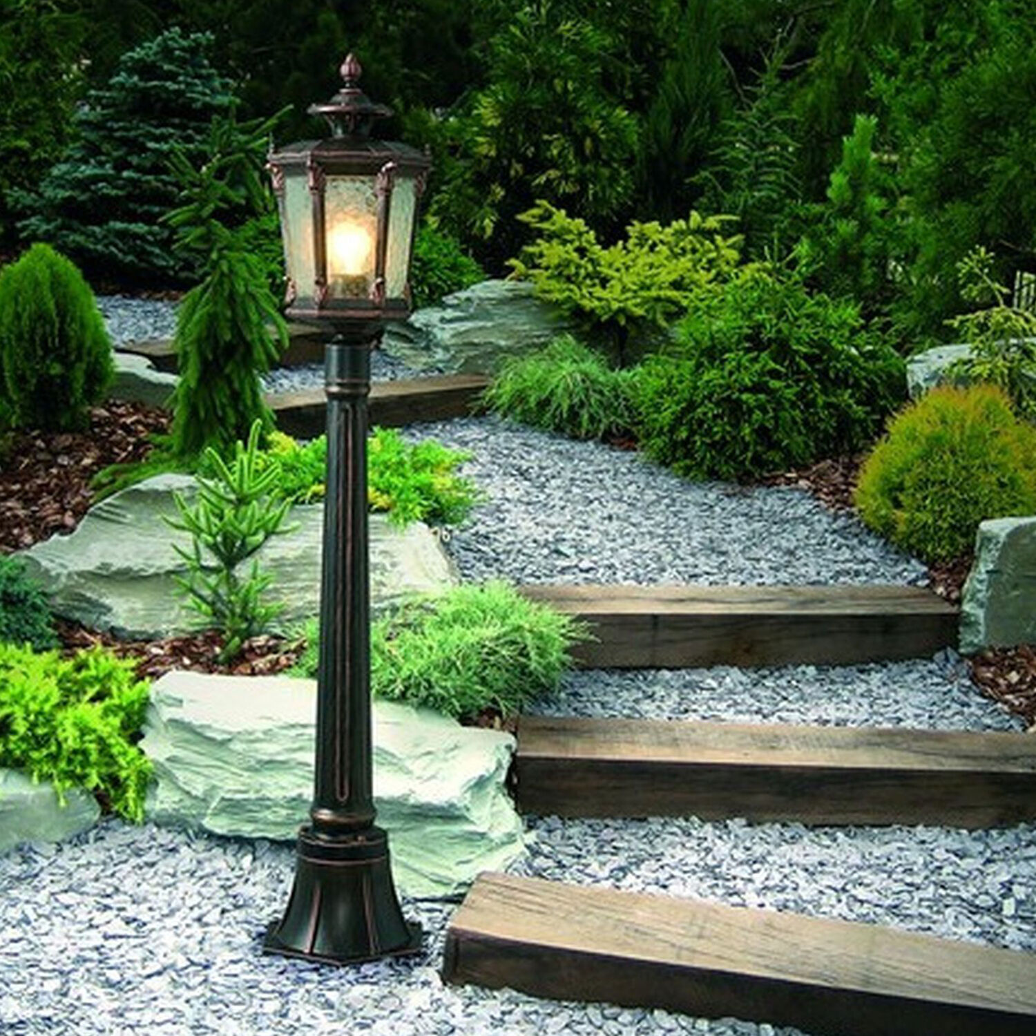 Außen Stehlampe Bronze Antik Ornament Glas E27 AMUR Laternenpfahl, Pflanze