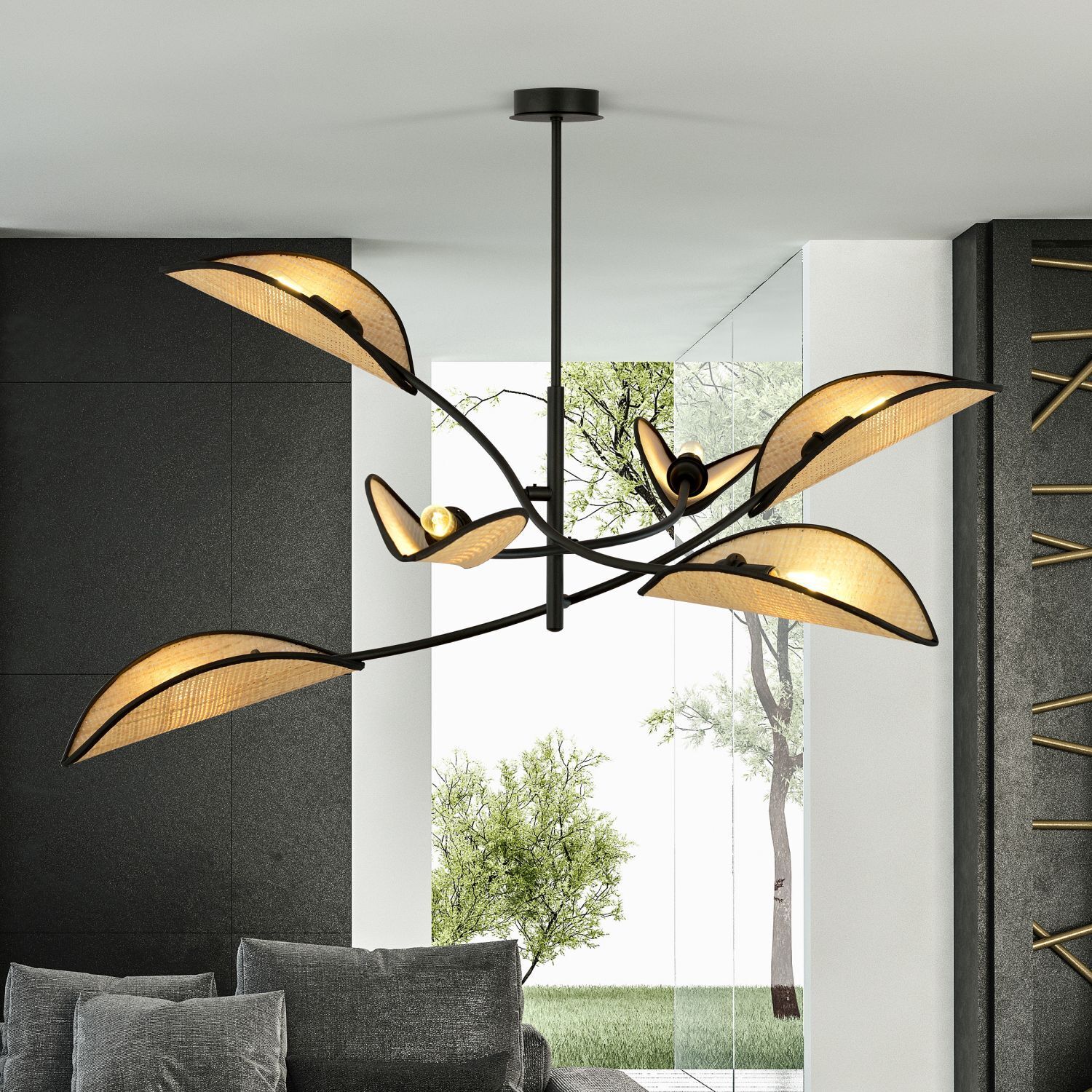 Deckenlampe Metall Rattan 102 cm lang drehbar E14 6-flammig