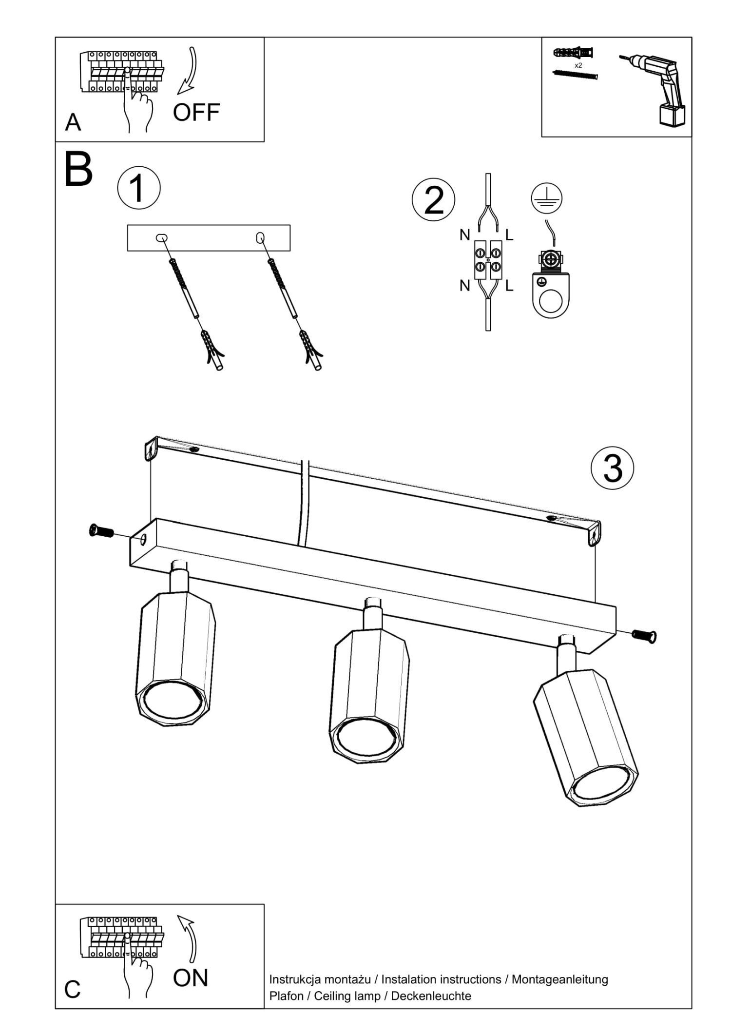 Deckenstrahler 3-flammig GU10 schwenkbar B: 45 cm Holz