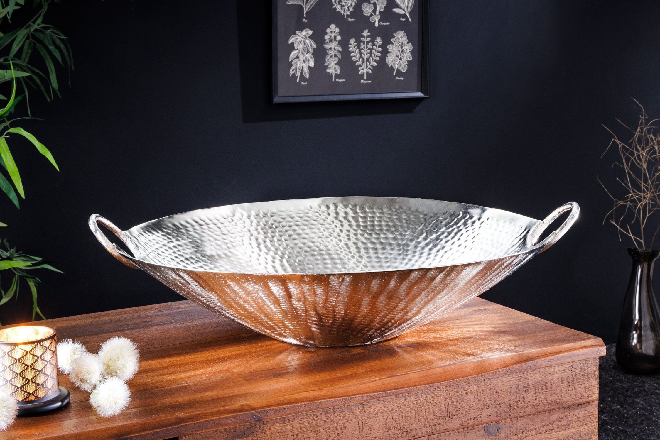 Dekoschale Hammerschlag in Silber Ø 50 cm Handarbeit