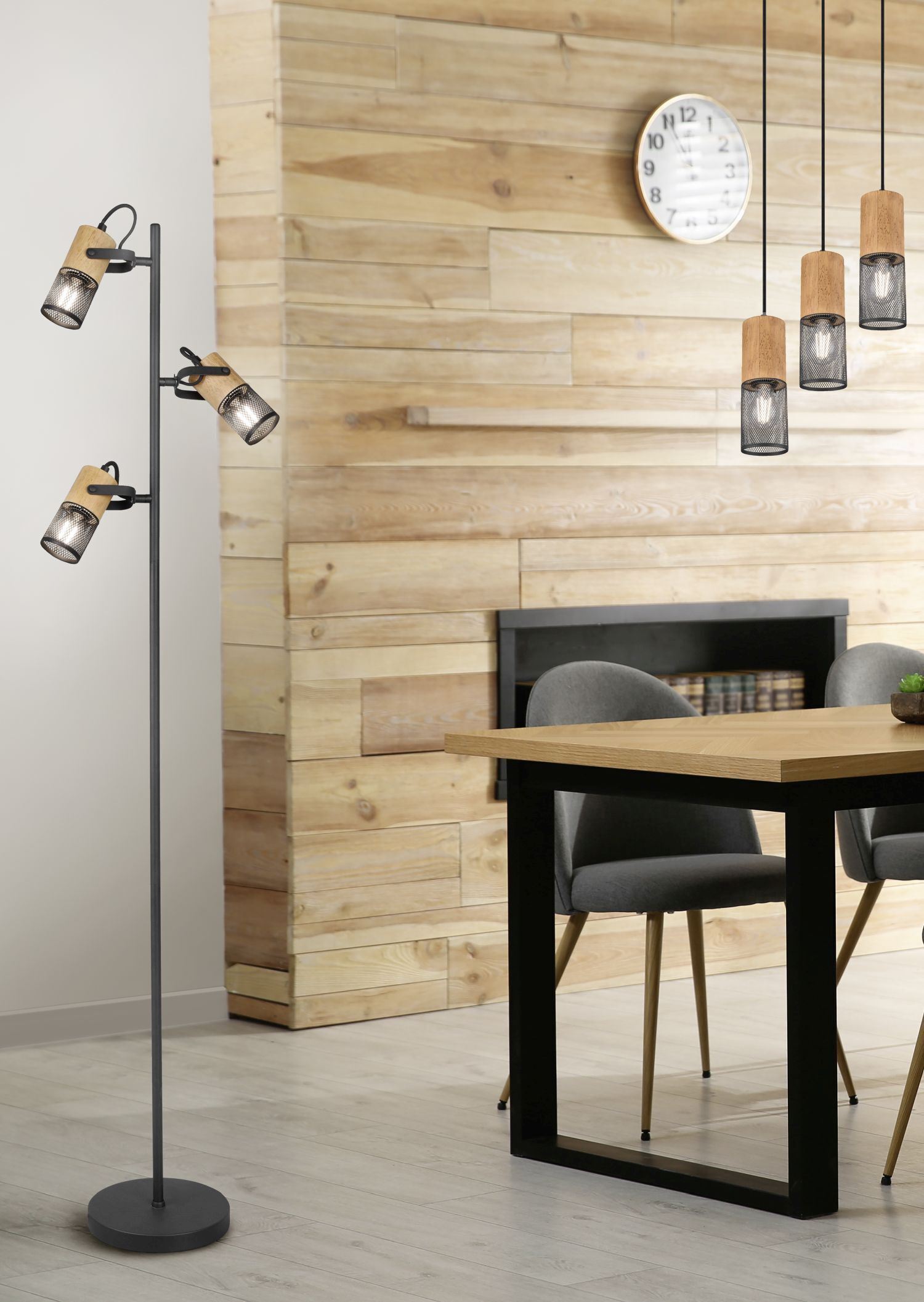 Schwenkbare Stehlampe Metall Holz 150 cm E14 Vintage Drinnen, Innenarchitektur, Lampe, Holzpaneele