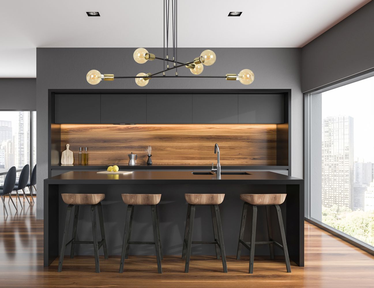 Hängelampe verstellbar Schwarz Retro 6x E27 Metall Drinnen, Innenarchitektur, Küche, Esszimmer, Esstisch