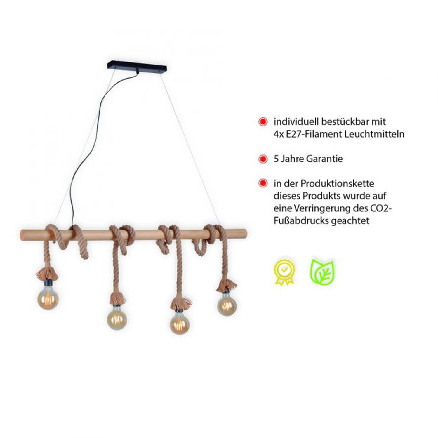 Vintage Pendelleuchte Holzbalken Tau Seil E27 100 cm Vintage Pendelleuchte Holzbalken Tau Seil E27 100 cm