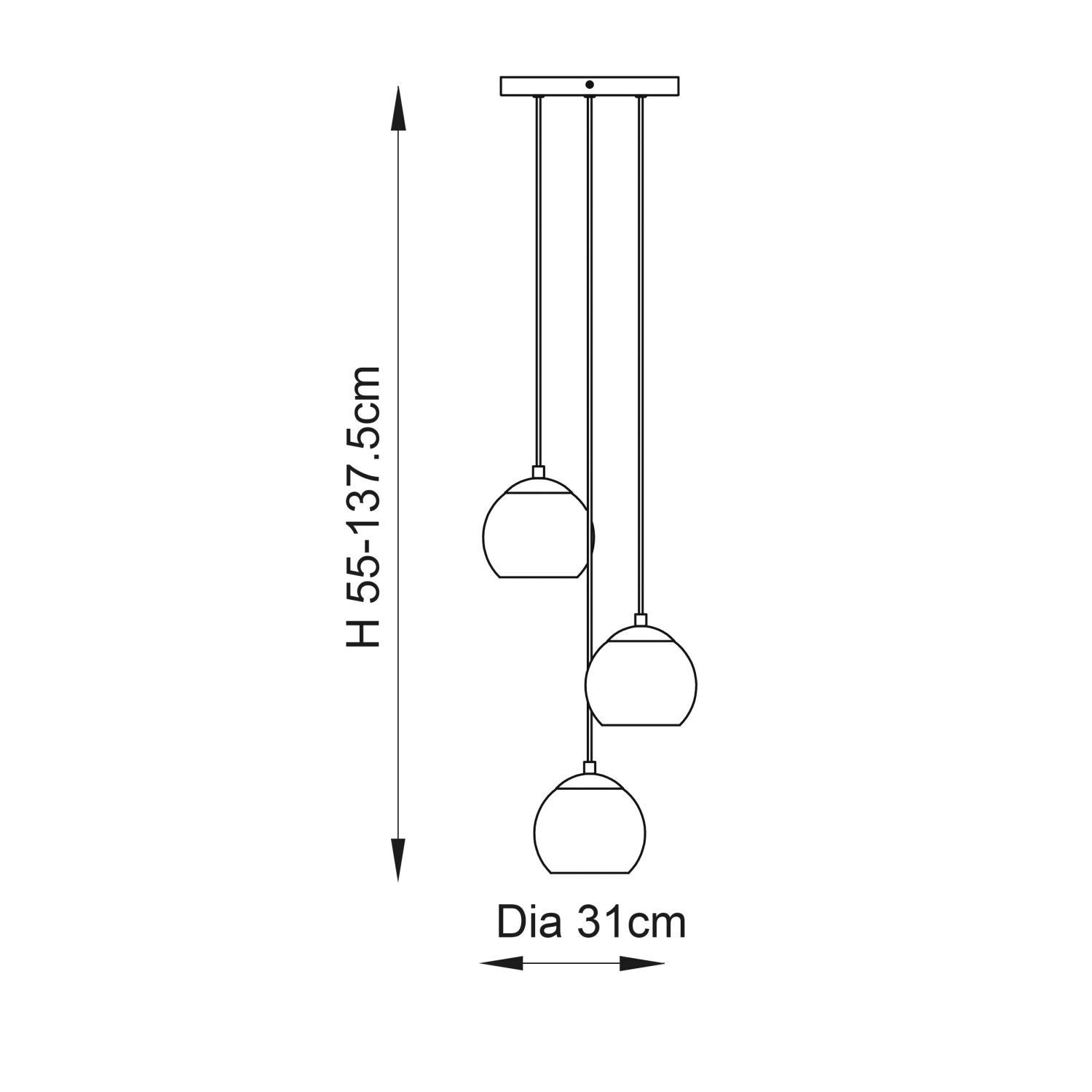 Hängeleuchte Rauchglas Metall B: 31 cm H: max. 137,5 cm verstellbar in Messing Champagner 3-flammig E14 Kugel Schirm Hängelampe Esszimmer