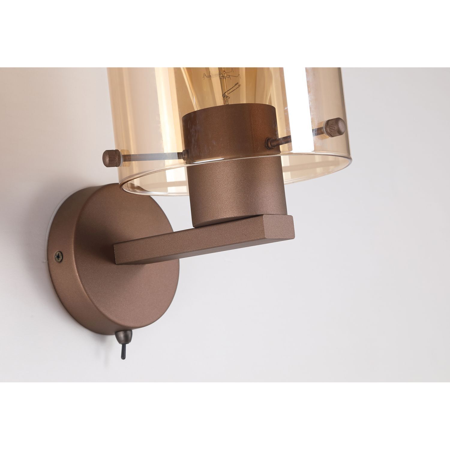 Wandlampe Metall Glas Mokka Bernstein E27 mit Schalter Wandleuchte, Wandlampe, Bronzefarben, Metall, Glaslampenaufsatz