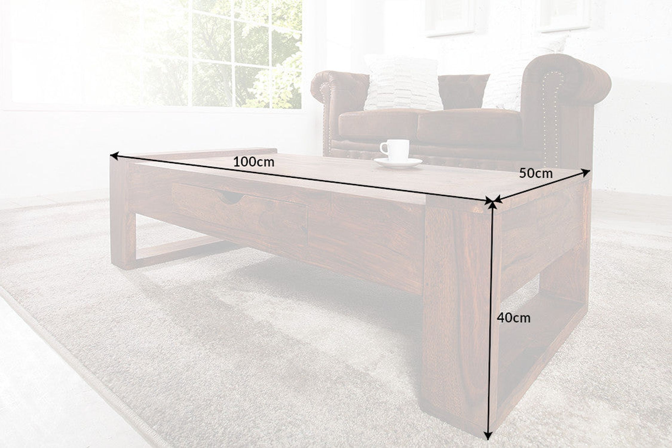 Couchtisch mit Schublade Sheesham Holz in Natur 100x50 cm Kaffeetisch, Mobiliar, Tabelle