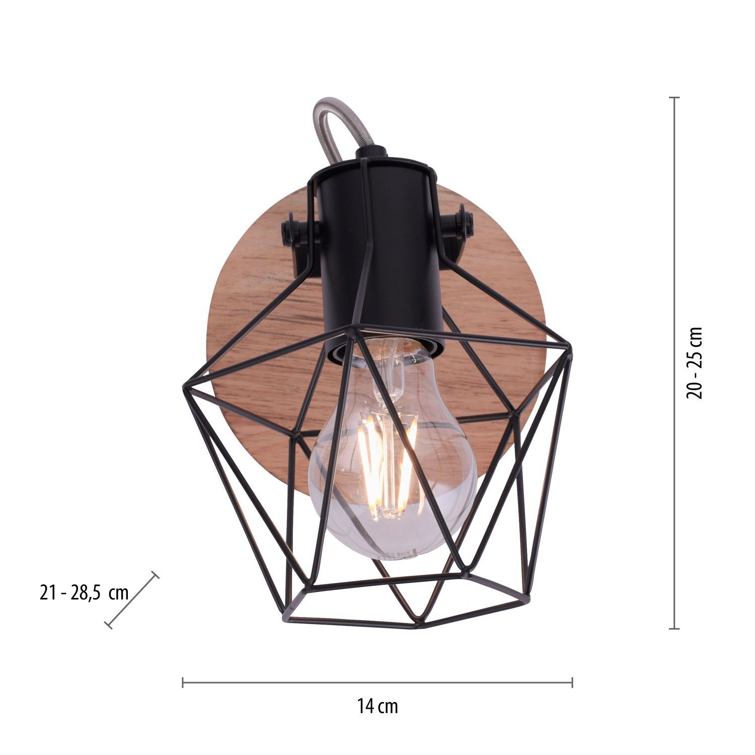 Verstellbarer Wandspot Holz Metall Schwarz E27 Vintage Leuchte, Lampe