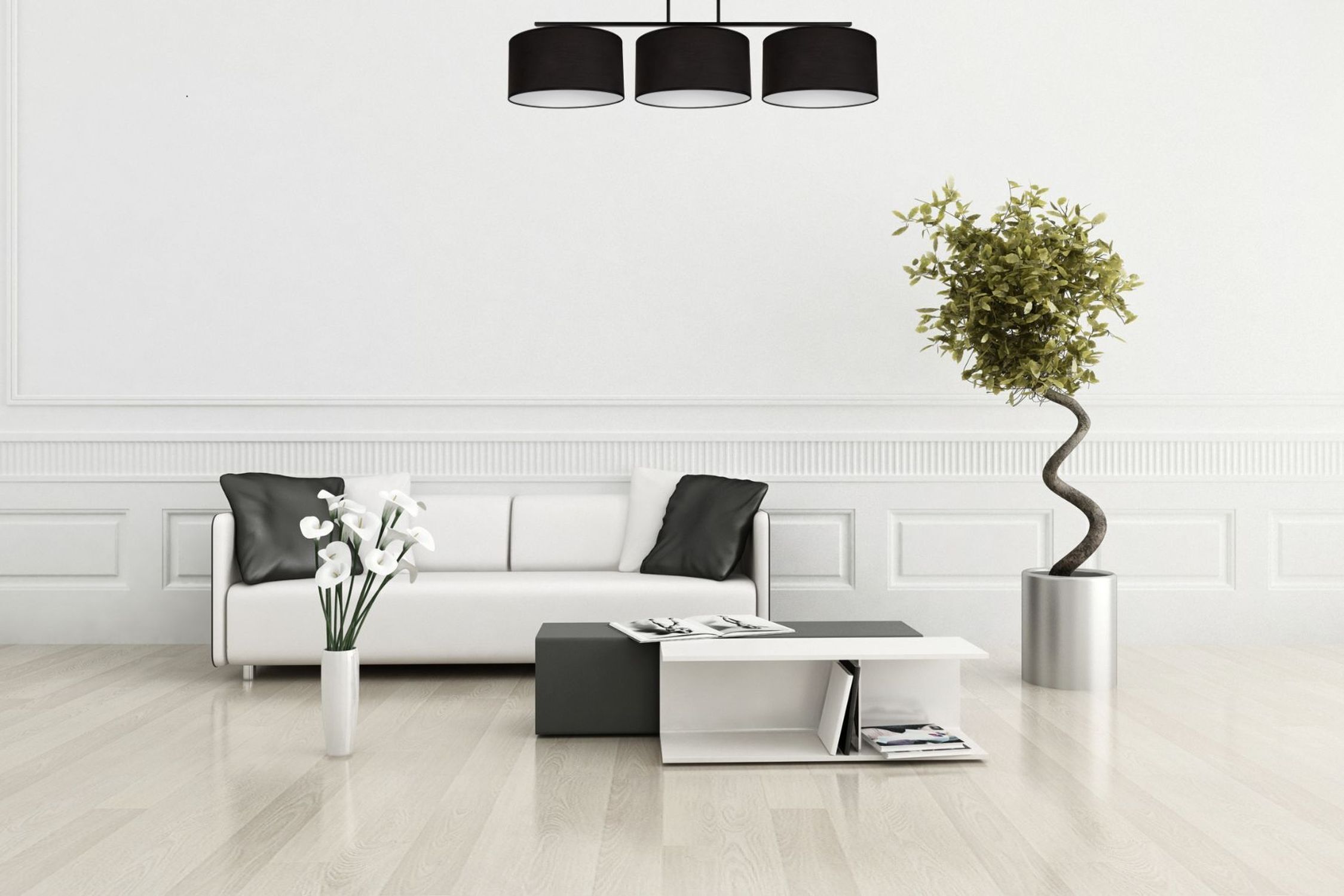 Blendarme Deckenlampe Stoff Schwarz Weiß E27 3-flammig Pflanze, Pflanze im Topf, Wohnzimmer, Tabelle, Innenarchitektur