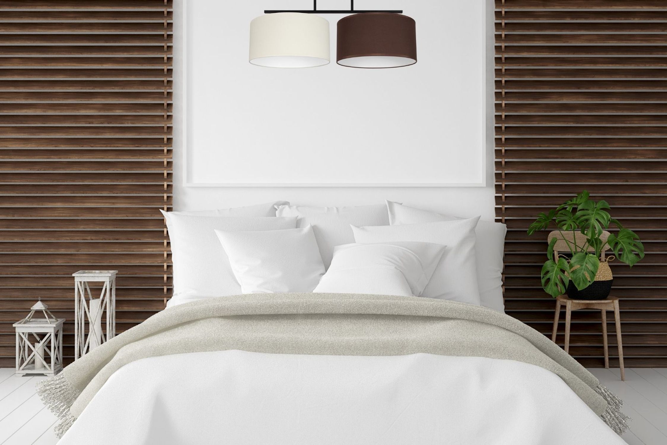 Bett, Bettwäsche, Kissen, Decke, Lampe