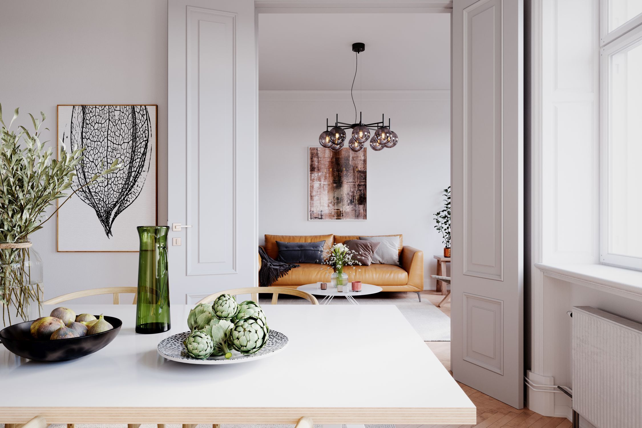 wohnzimmer, esstisch, vitrine, pflanzen, deko