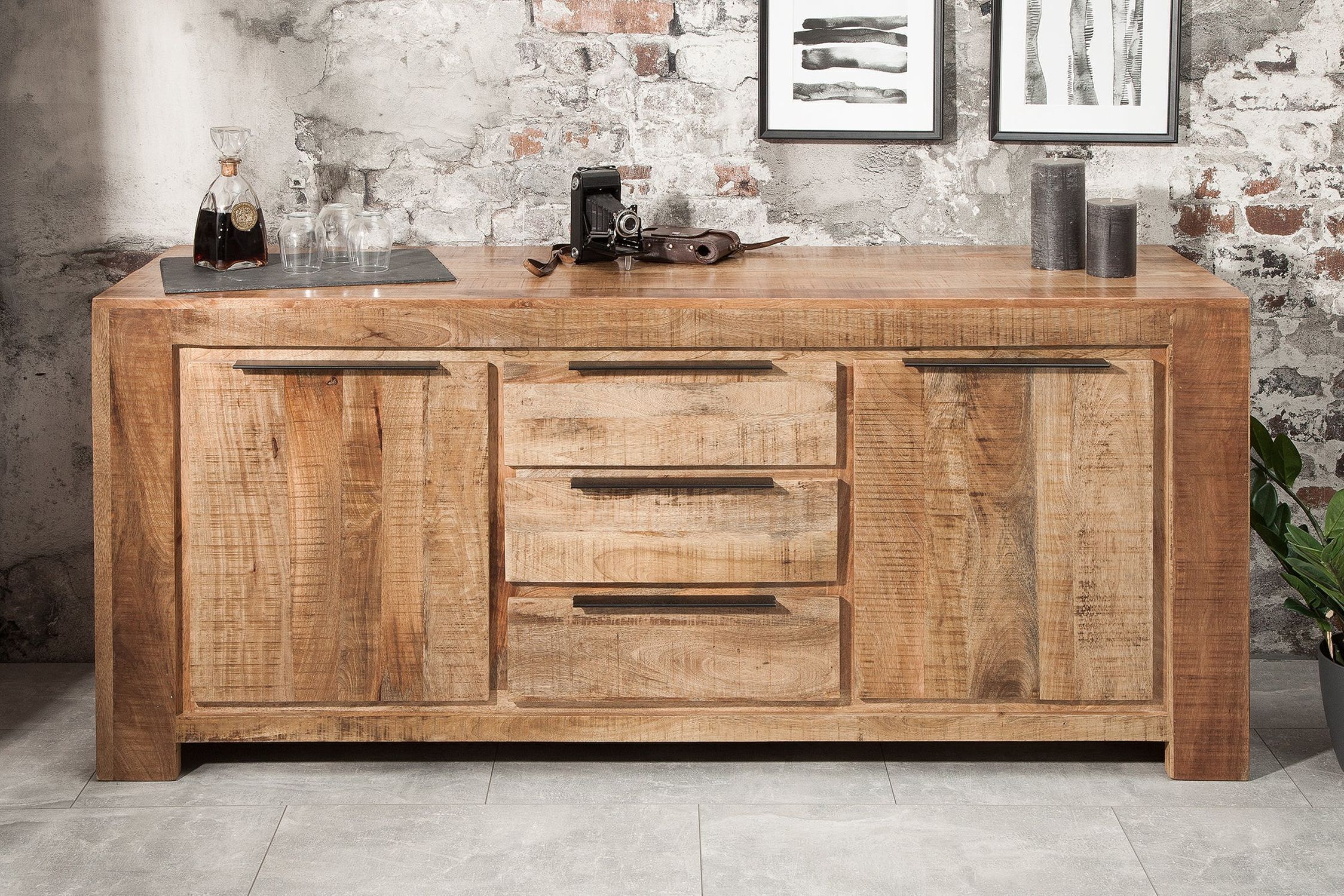 Sideboard Mangoholz 174 x 76 cm Handarbeit Schubladen Türen Anrichte, Holz, Hartholz, Pflanze, Gemälde