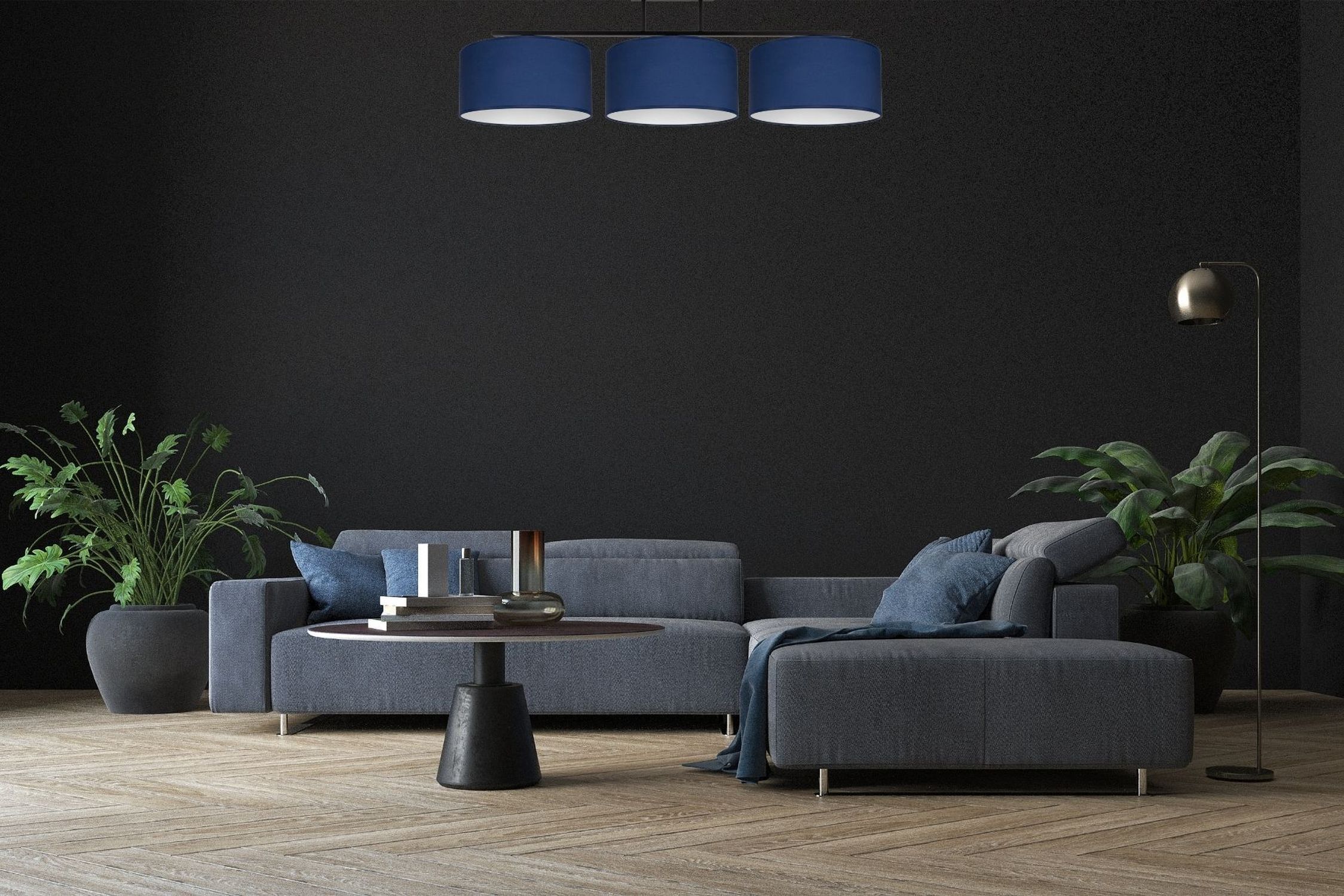Lange Deckenleuchte Stoff Schwarz Blau Weiß E27 100 cm Lampe, Pflanze, Couch, Mobiliar, Wohnzimmer
