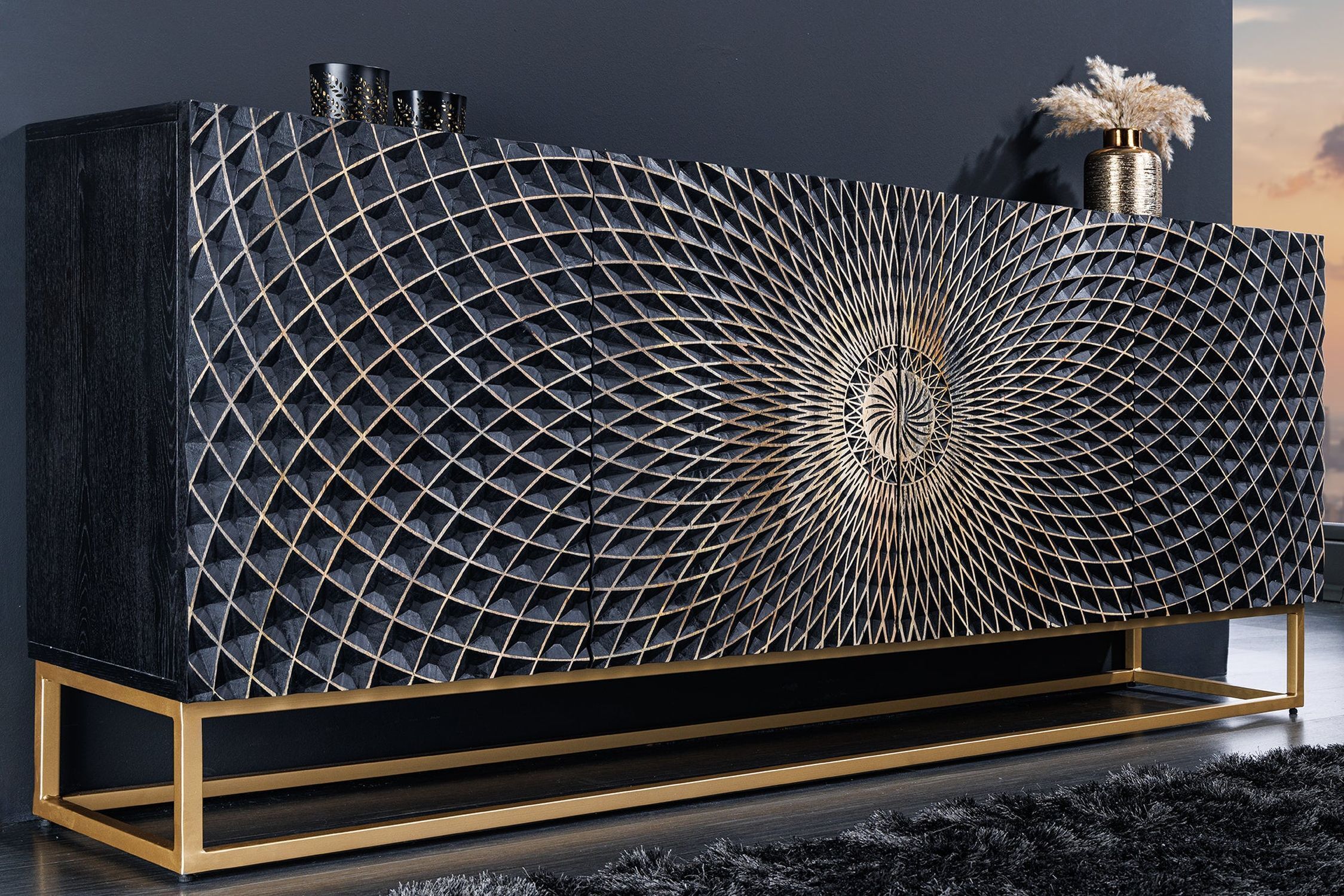 Sideboard Schwarz Gold 177 x 76 cm Ornament Türen Handarbeit Moebel, Anrichte, Drinnen, Innenarchitektur