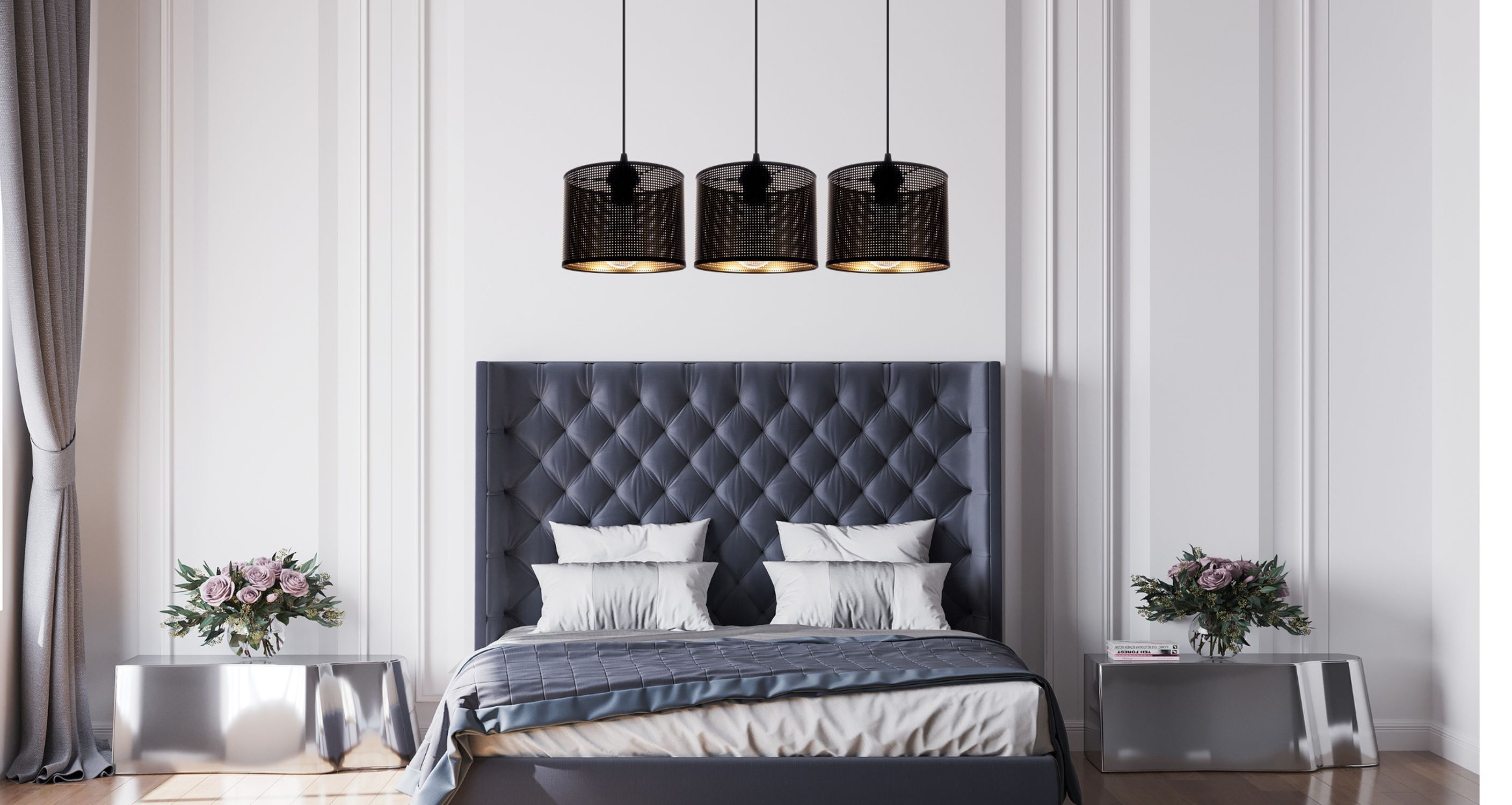 Pendelleuchte Metall Schwarz Gold E27 3-flmg 70 cm lang Bettenkopfteil, Diener nachts, Beleuchtung, Nachtisch, Bettgestaltung