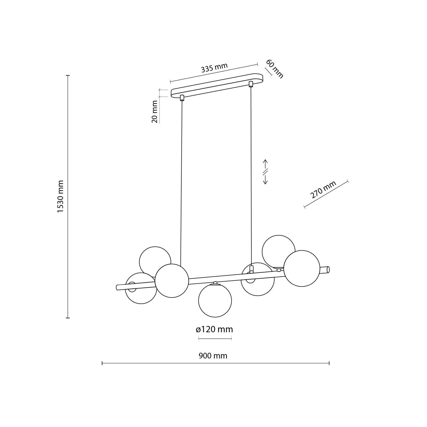 Pendelleuchte Metall Rauchglas L: 90 cm H: max. 153 cm 7x G9 Diagramm, Plan, Handlung