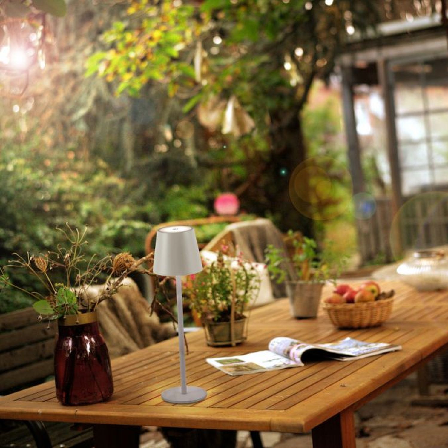 LED Akku Tischlampe Metall IP54 Touch Dimmen in Greige Tabelle, Lampe, Tischplatte, Esstisch, Pflanze