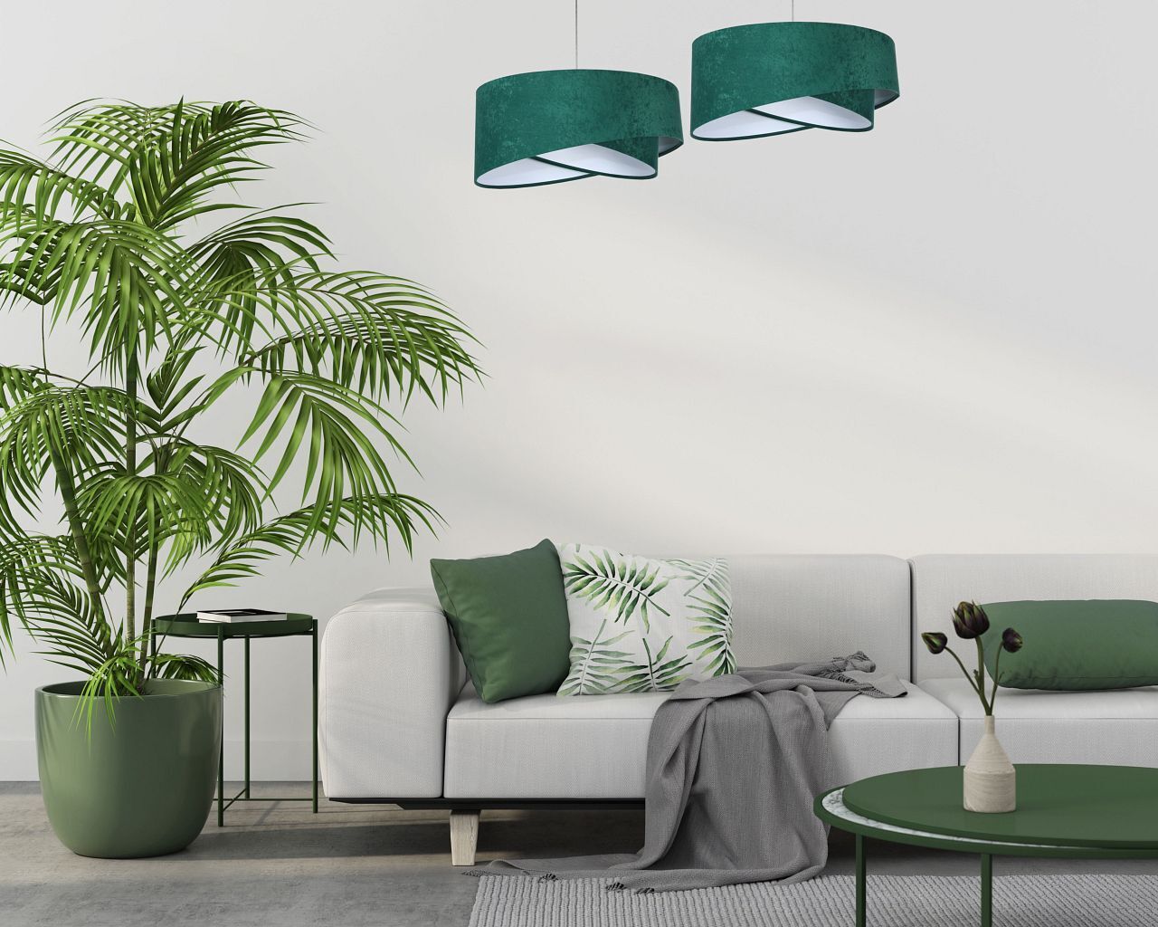 Pendelleuchte rund Ø 50 cm E27 Stoff Velours Optik Grün Weiß Lampe, Pflanze, Pflanze im Topf
