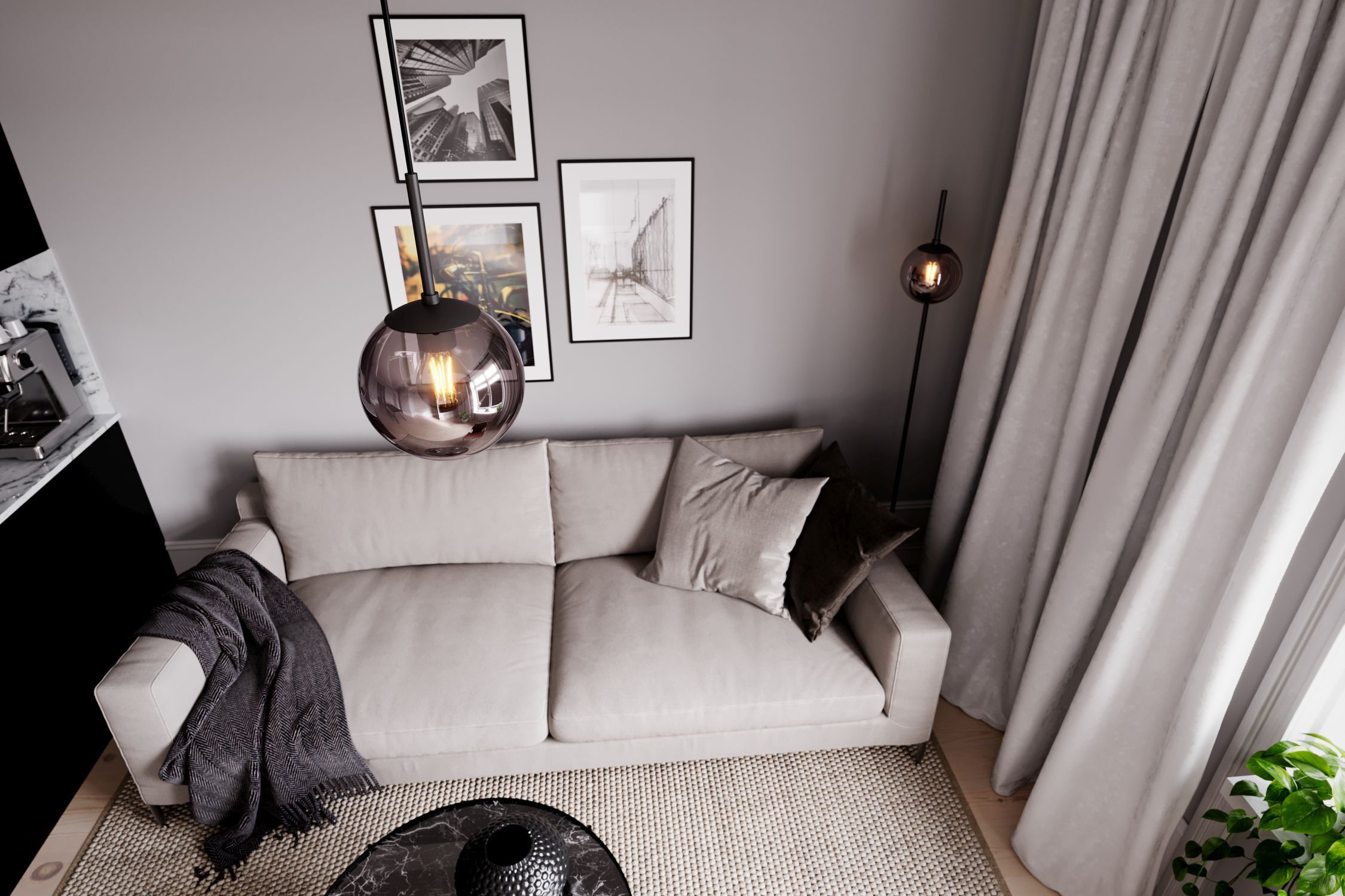 wohnzimmer, sofa, kissen, lampe, vorhänge