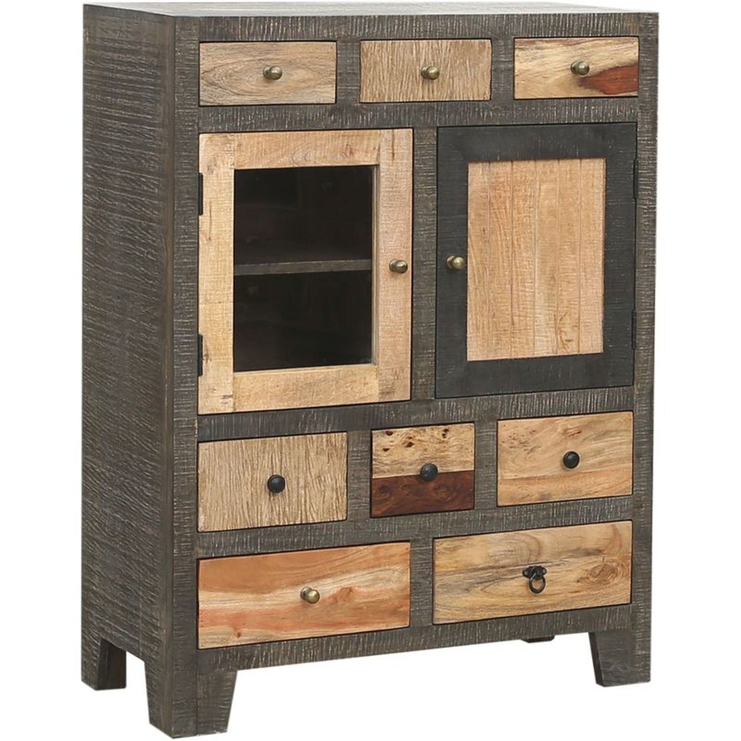 Sideboard Holz Glas 118 cm hoch Grau Natur Schwarz Moebel, Schrank, Kabinett, Anrichte, Schublade