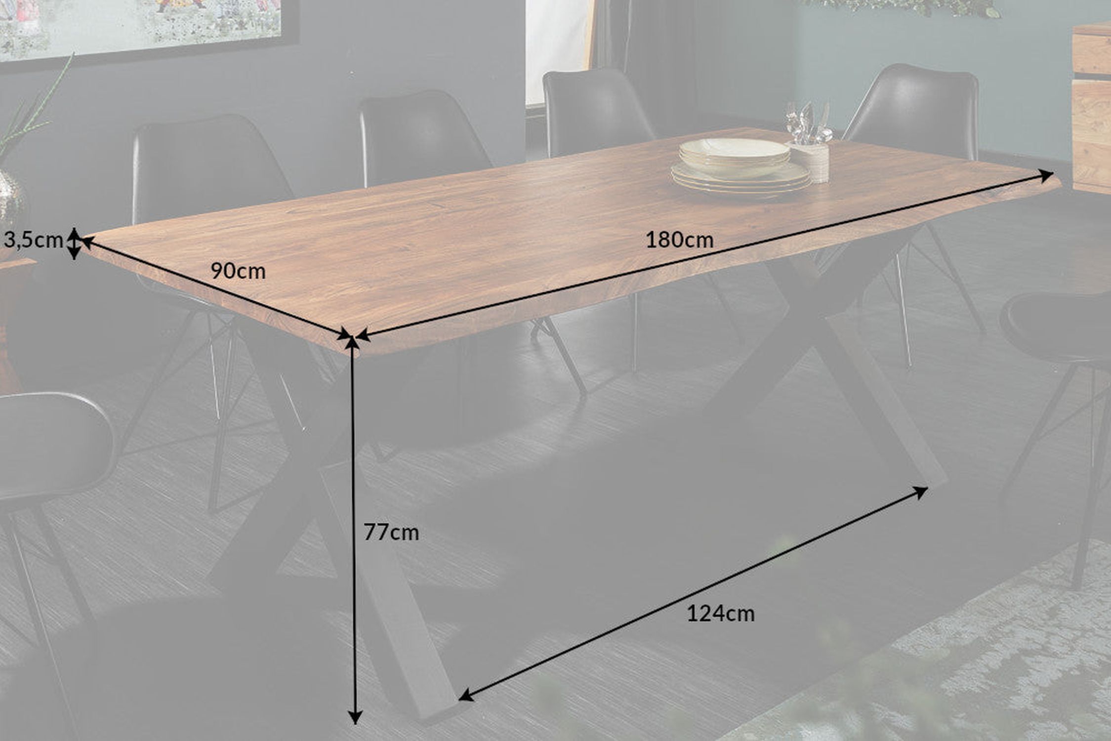 Esstisch Akazienholz Metall Baumkante 180x88 cm Industrial