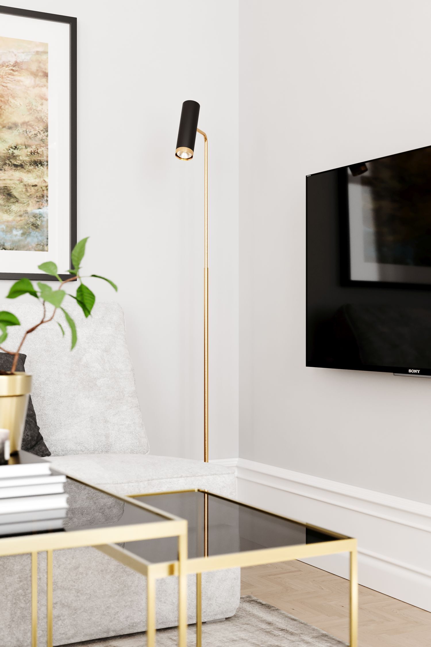 Stehlampe, Goldfarbe, Metallisch, Modern, Wohnzimmer