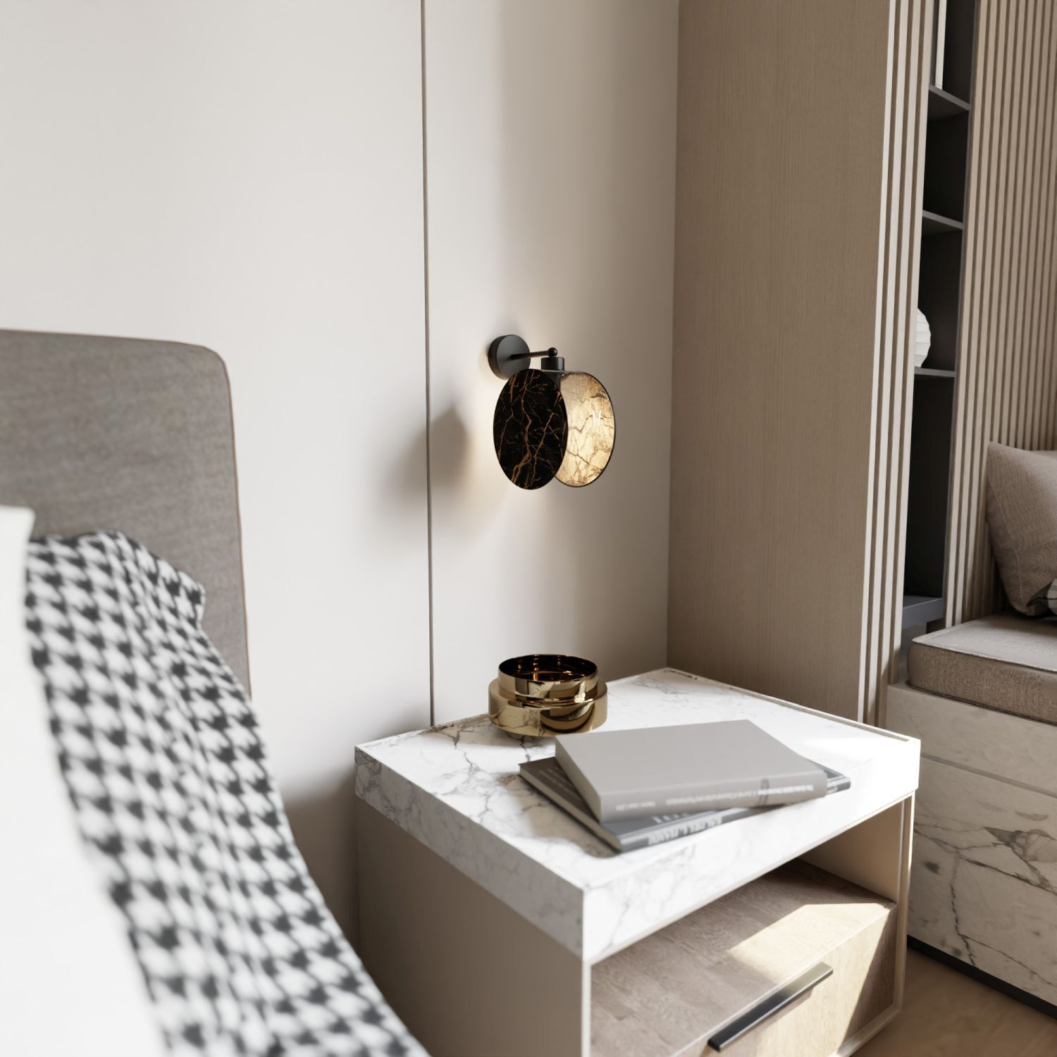 Wandleuchte Marmor Optik Ø 20 cm rund Schwarz Gold E27 Kissen, Dekoration für Zuhause, Innenarchitektur, Kopfkissen, Lampe