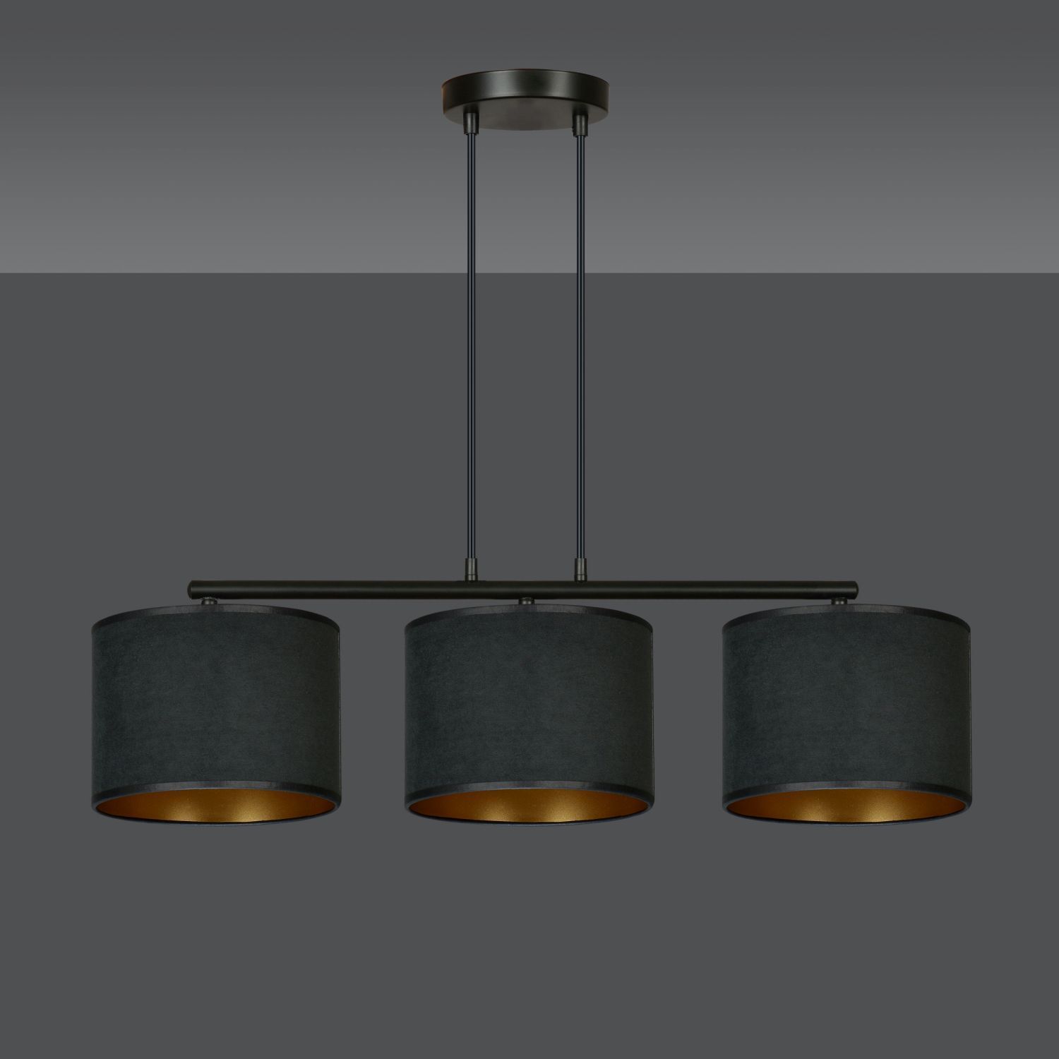 Pendelleuchte Stoff Metall L: 72cm Schwarz Gold 3-flammig E27 Leuchte, Kronleuchter, Lampe, Deckenleuchte