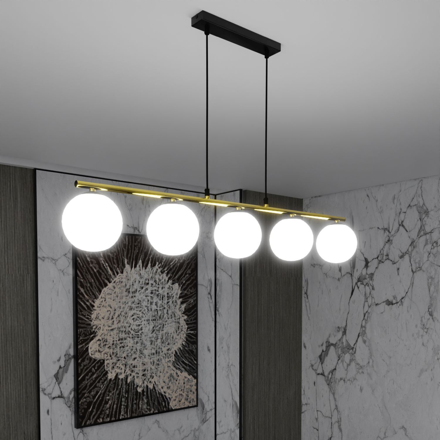 Pendelleuchte Schwarz Weiß Gold E14 Glas Metall 105 cm lang