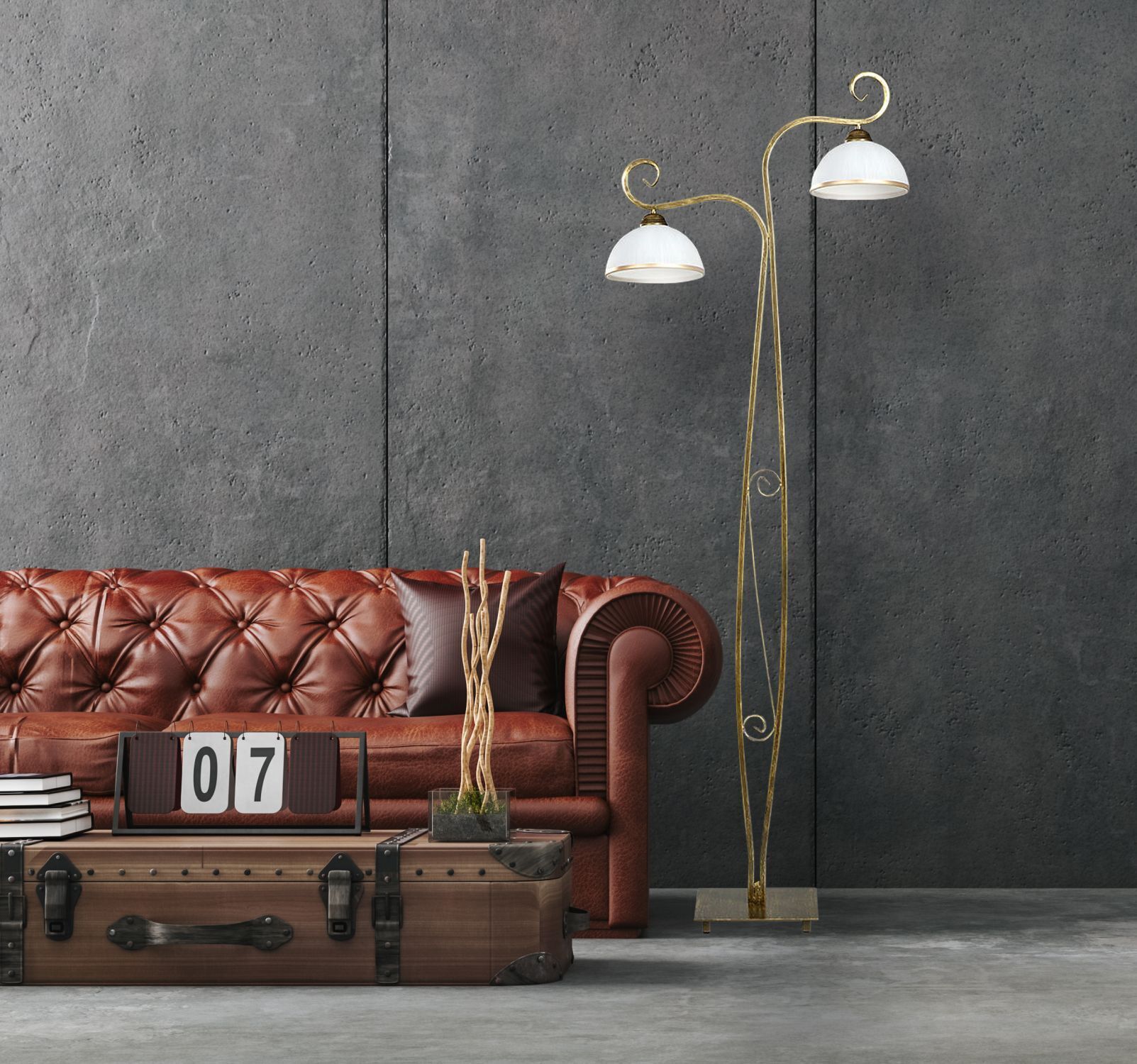 Stehleuchte Gold Antik Weiß Metall Glas 2-flammig Lampe, Stehlampe, Couch, Mobiliar