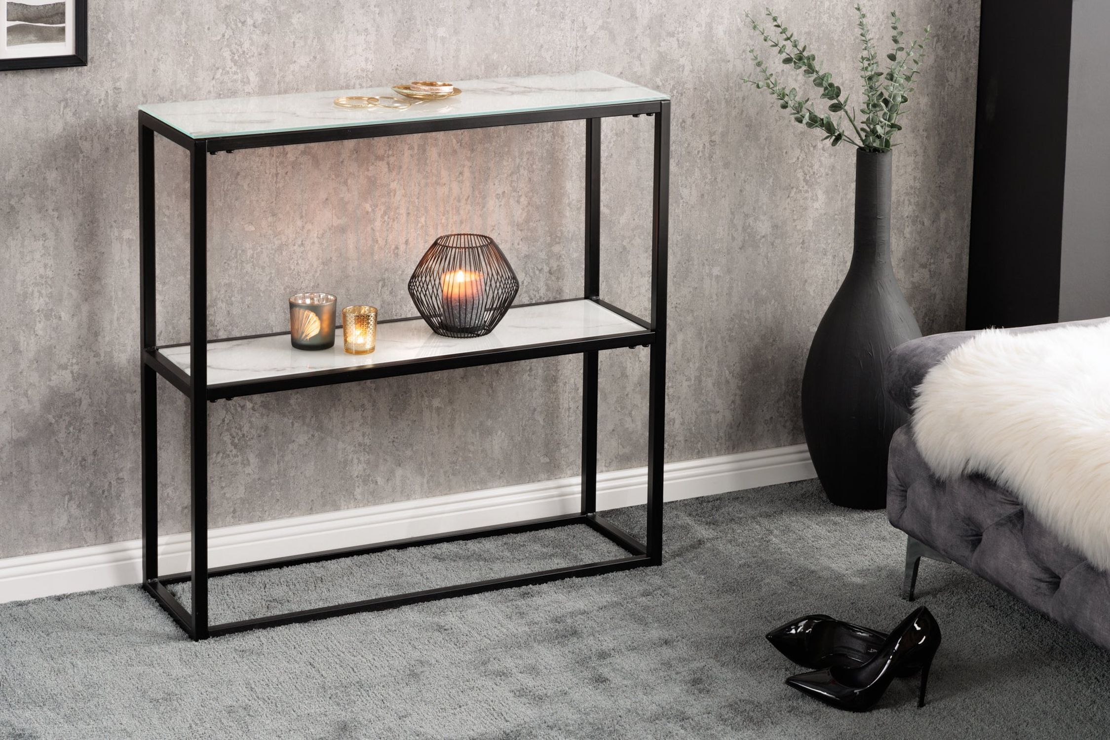Konsolentisch Hartglas Metall in Weiß Schwarz 80 cm