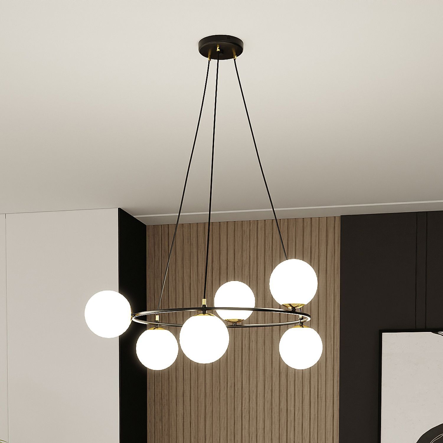 Hängelampe Metall Glas rund Ø 75 cm in Schwarz Weiß Gold