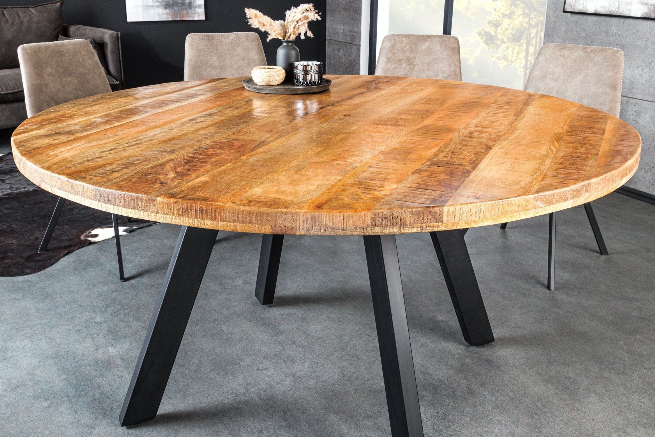 Esstisch rund Ø 145 cm Mango Holz Metall Industrial Design Moebel, Tabelle, Tischplatte, Schreibtisch, Stuhl