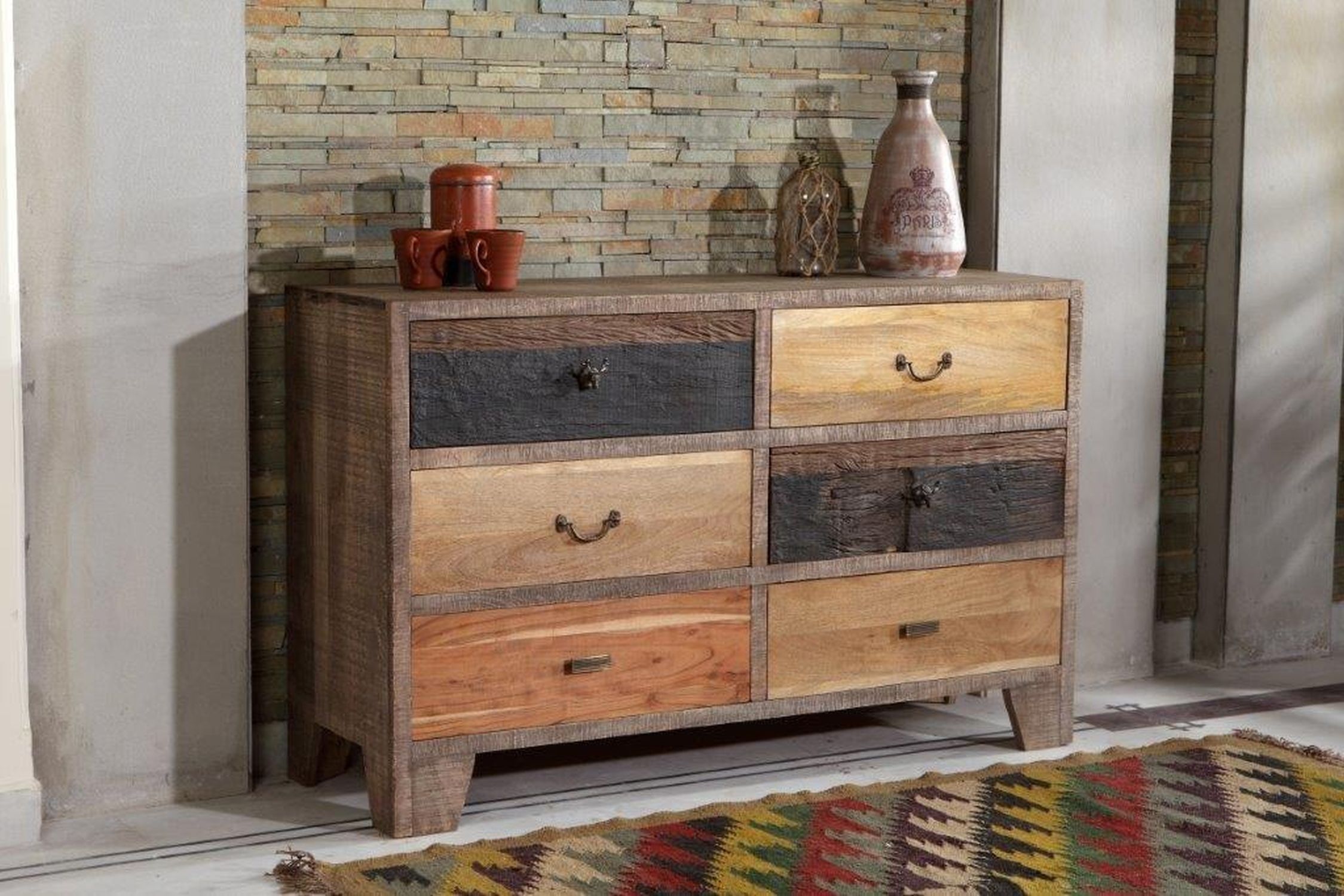 Kommode Holz 135 cm breit Grau Natur Schwarz SILAS