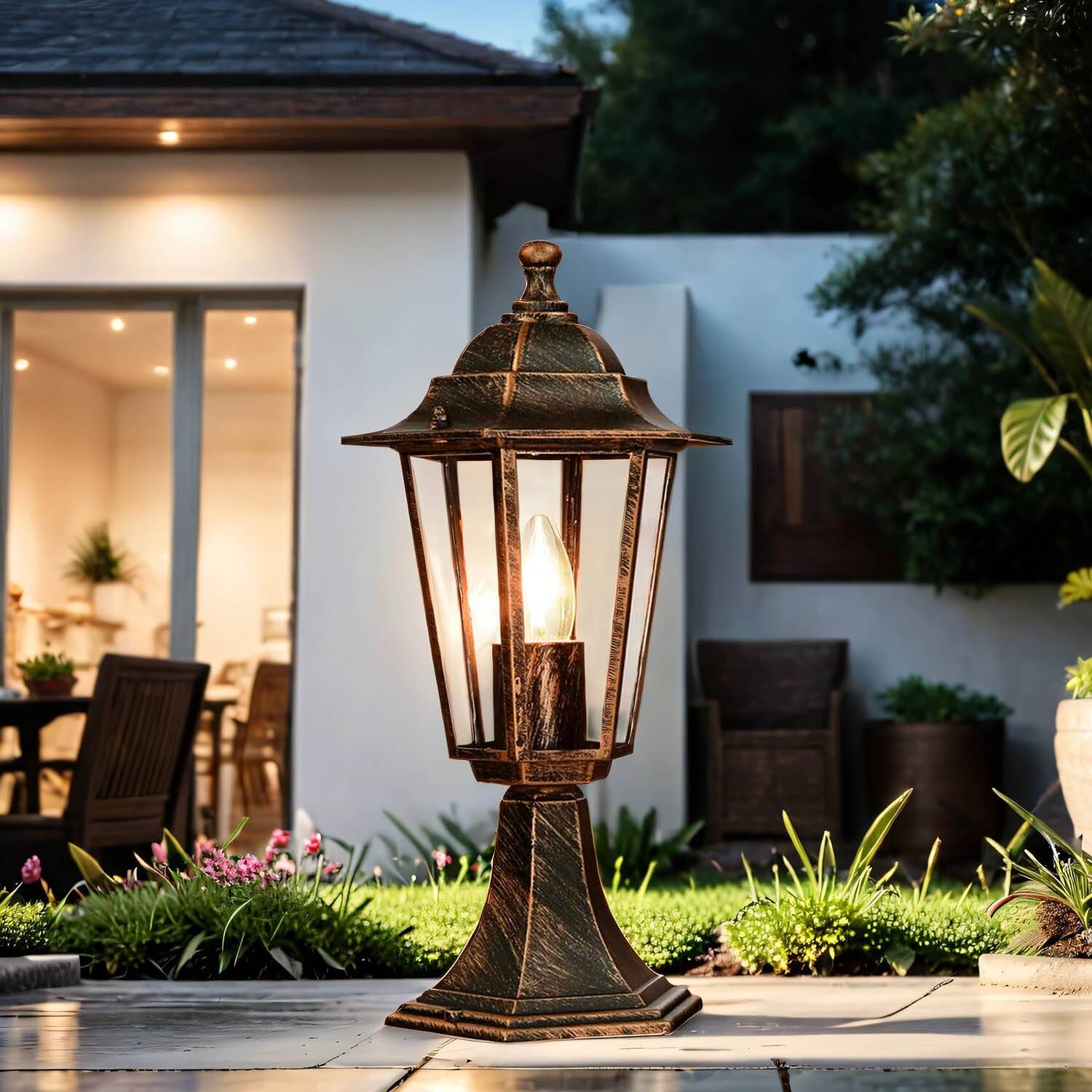 Sockelleuchte Rustikal 40 cm Alu Glas E27 IP43 in Kupfer Antik Lampe