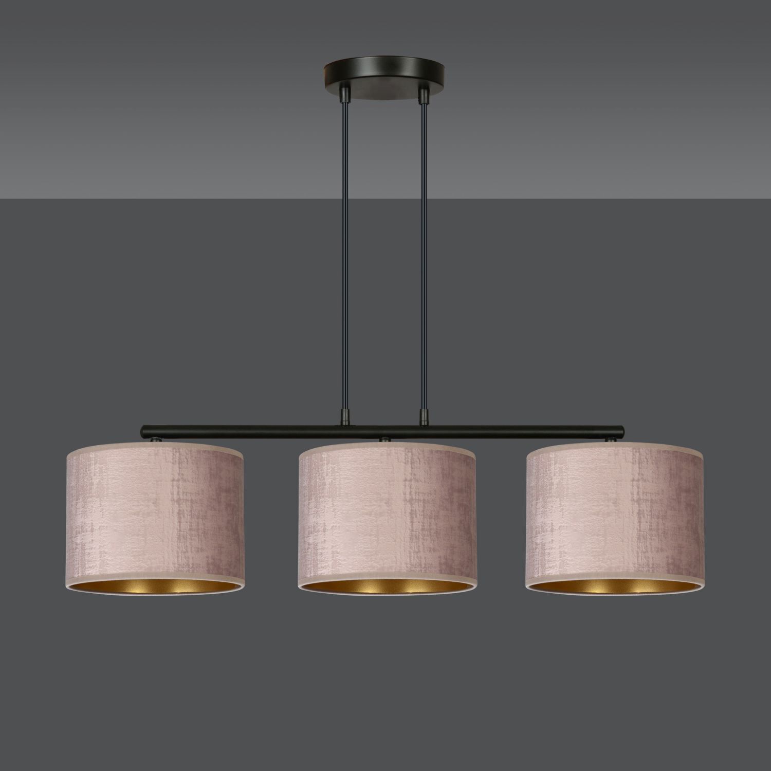 Hängelampe Metall Stoff L: 72 cm Schwarz Rosa Gold 3-flammig