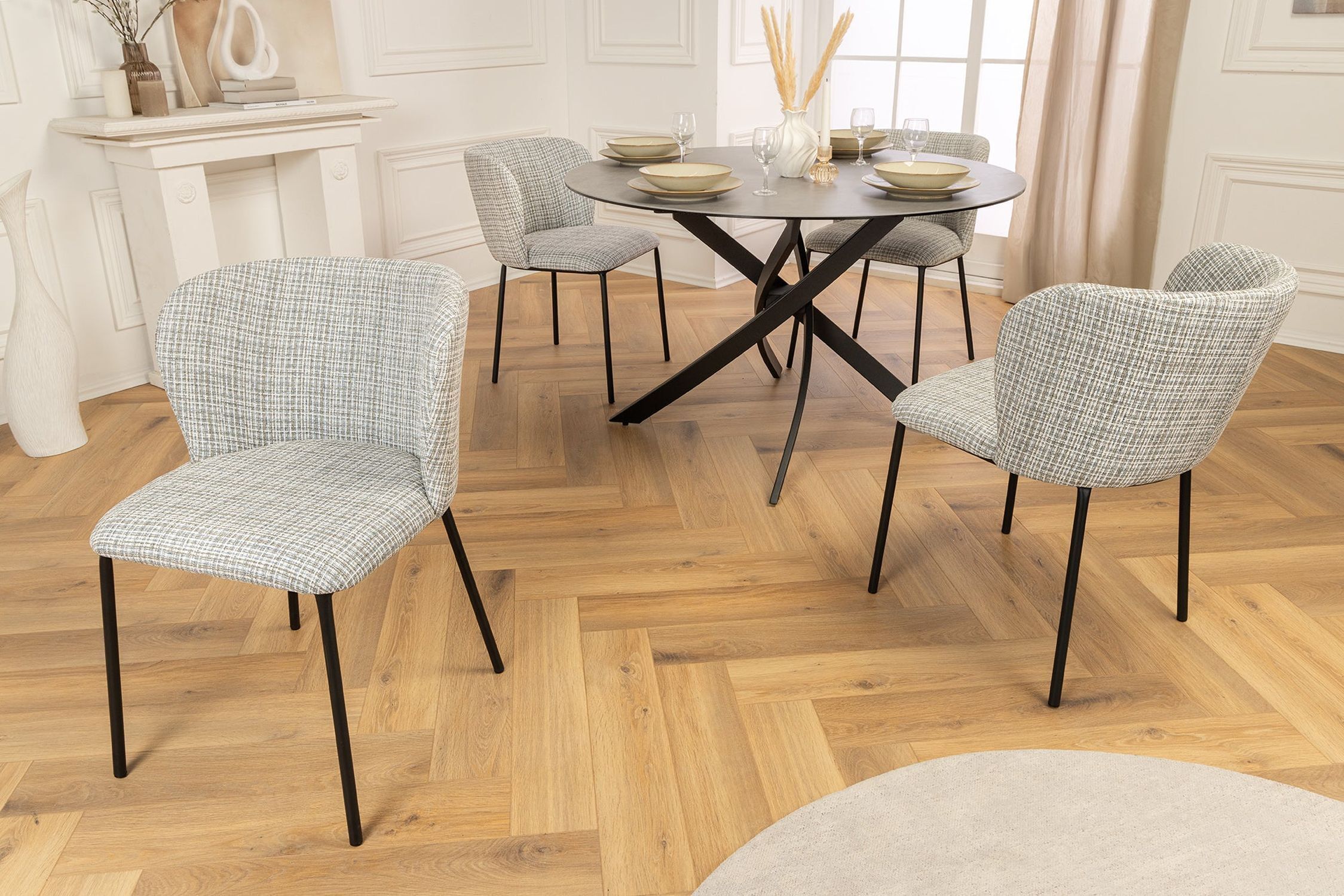 Esszimmerstuhl Weiß Blau kariert Bouclé Metall ohne Armlehne Esszimmerstuhl Weiß Blau kariert Bouclé Metall ohne Armlehne