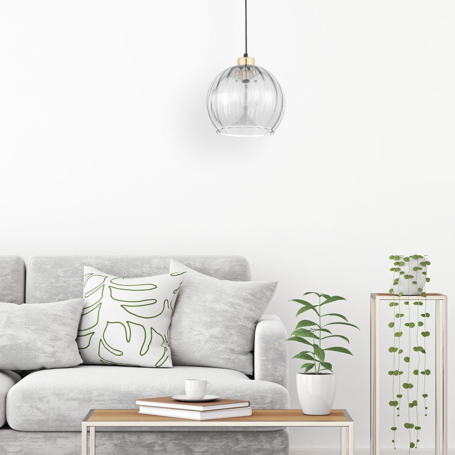 Pendelleuchte rund Glas Ø 25 cm höhenverstellbar E27 Dekoration für Zuhause, Innenarchitektur, Wohnzimmer, Kissen, Pflanze