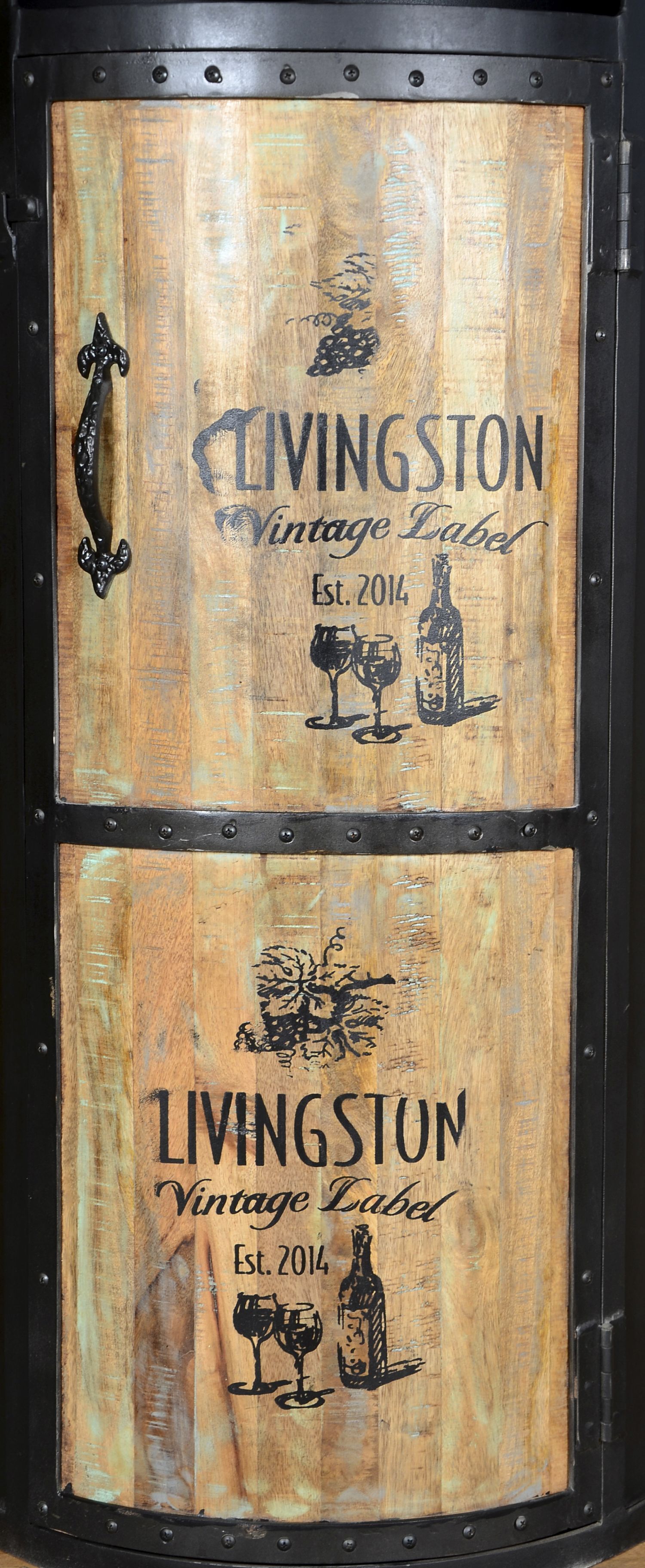 Weinschrank mit Rollen H: 155 cm Stahl Mangoholz Hausbar Kiste, Tür