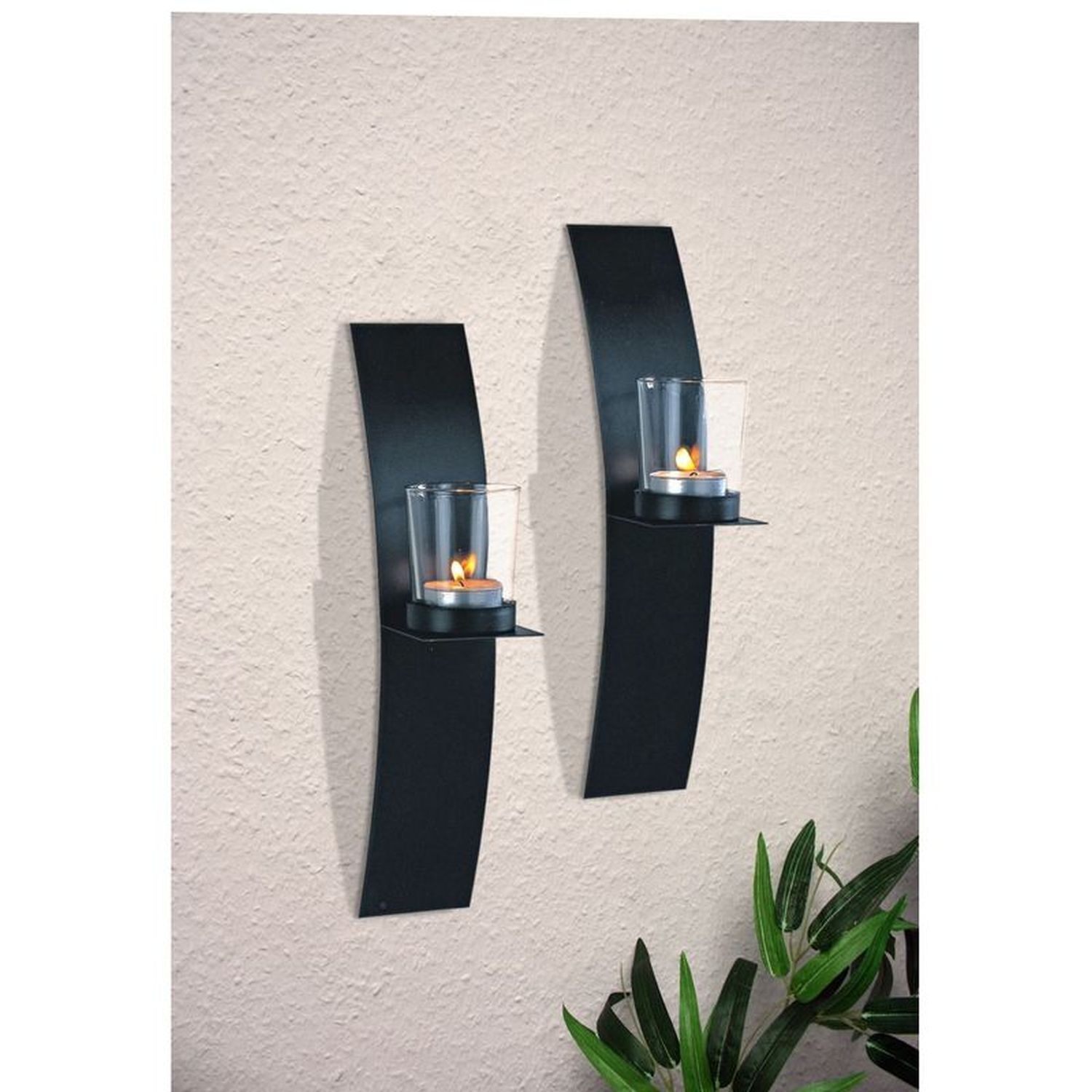 Kerzenhalter Wand 2er Set H: 29 cm Glas Stahl für Teelicht