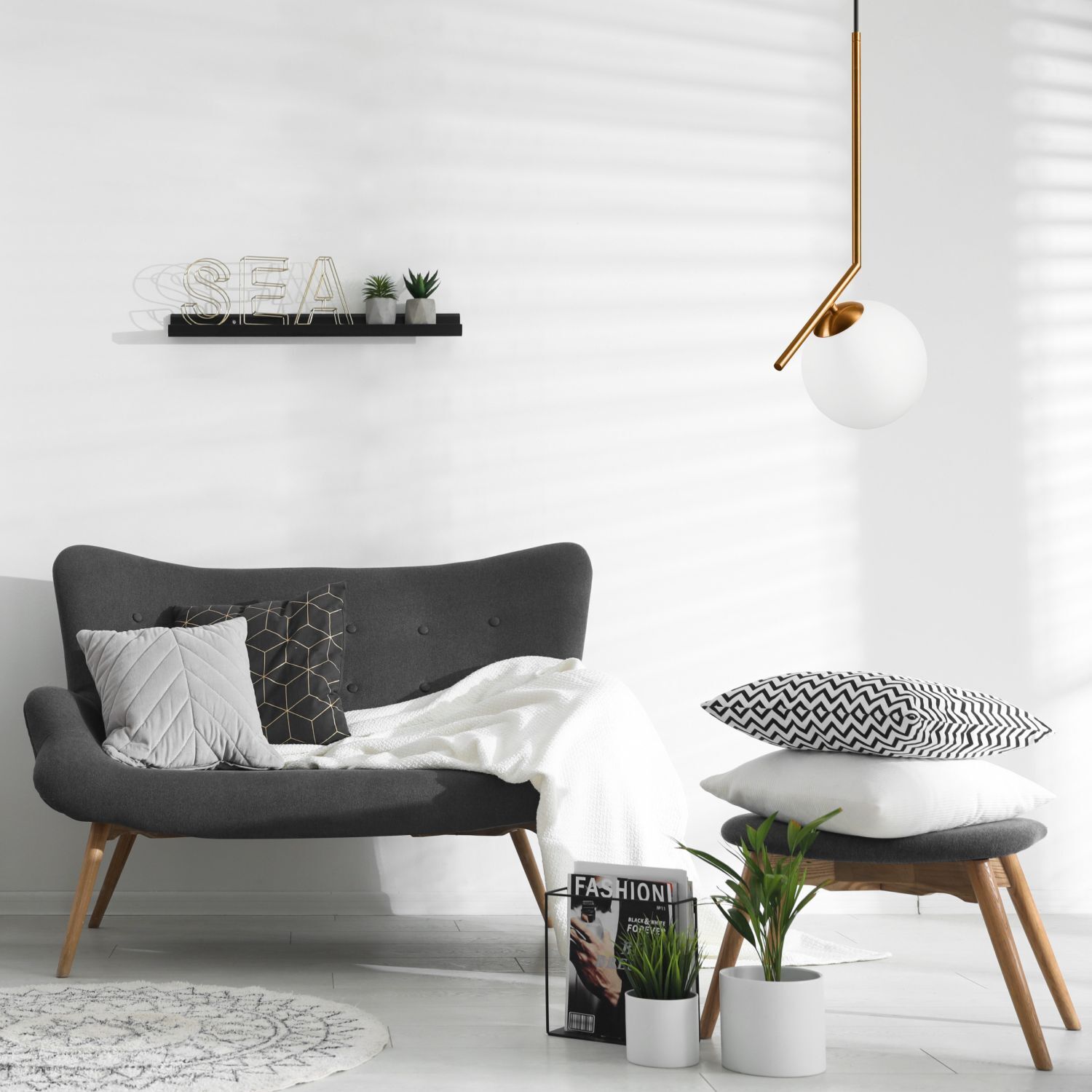 Pendelleuchte Glaskugel Metall in Messing Weiß Ø30 cm Kissen, Dekoration für Zuhause, Pflanze, Innenarchitektur, Mobiliar